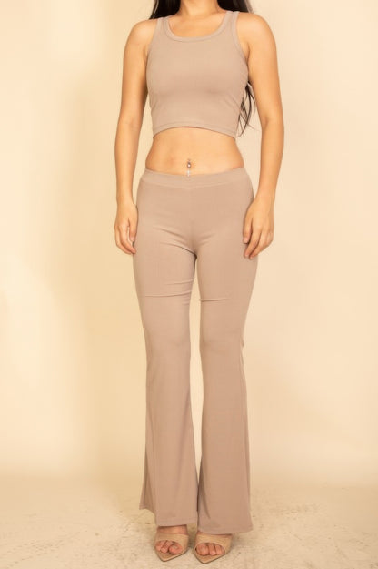 Ribbed Sleeveless Crop Top & Flared Pants Set - Tigbul's Variety Fashion Shop