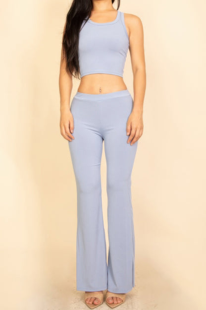 Ribbed Sleeveless Crop Top & Flared Pants Set - Tigbul's Variety Fashion Shop