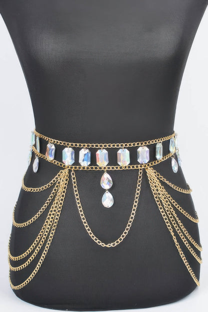 Metal Layered Chain Belt W/acrylic Stone - Tigbul's Variety Fashion Shop