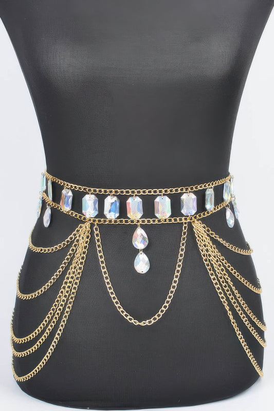 Metal Layered Chain Belt W/acrylic Stone - Tigbul's Variety Fashion Shop