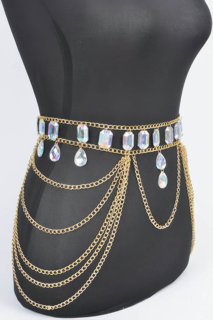 Metal Layered Chain Belt W/acrylic Stone - Tigbul's Variety Fashion Shop