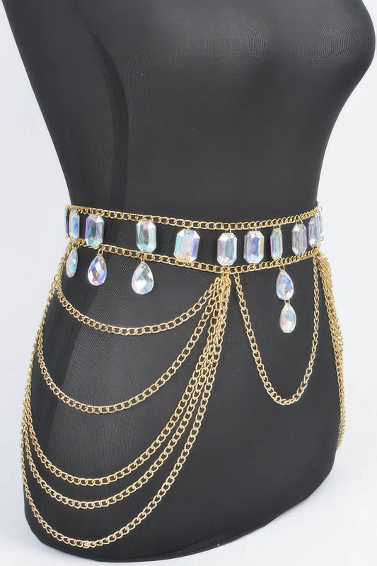 Metal Layered Chain Belt W/acrylic Stone - Tigbul's Variety Fashion Shop