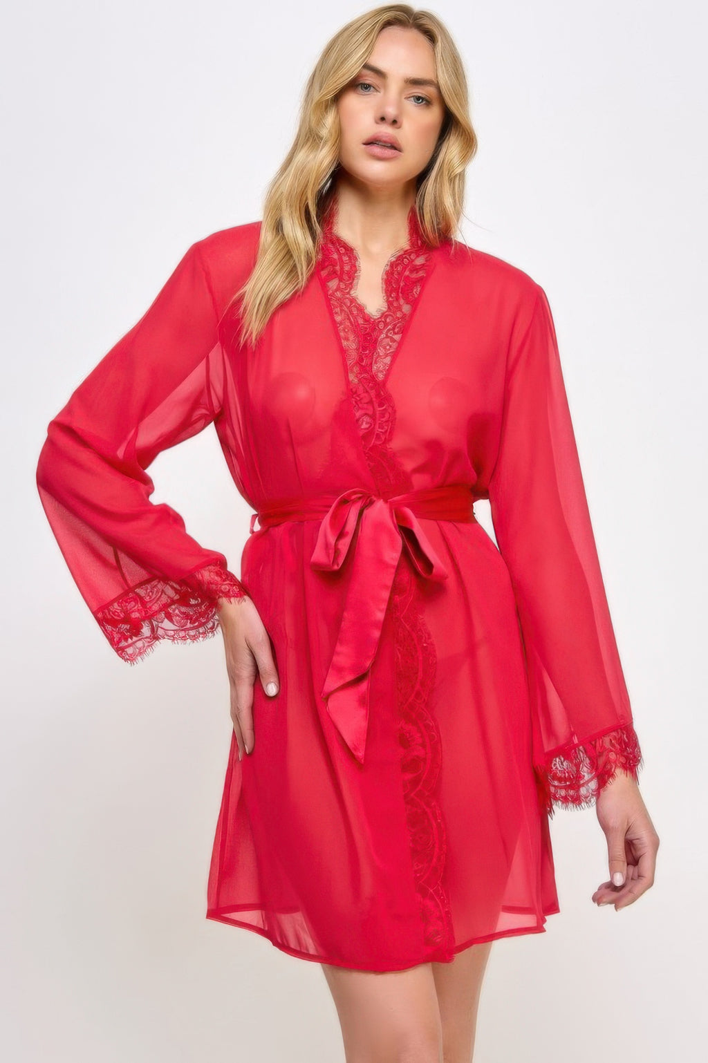 Vivian robe, red sheer design with lace trim and tie waist
