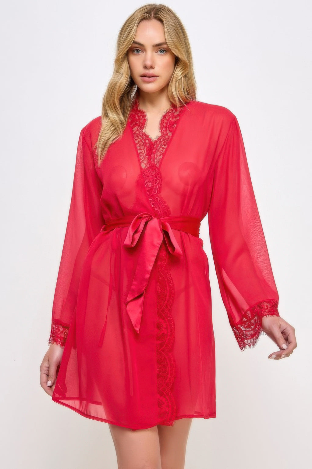 Vivian robe red sheer with lace-front panel and bow at waist