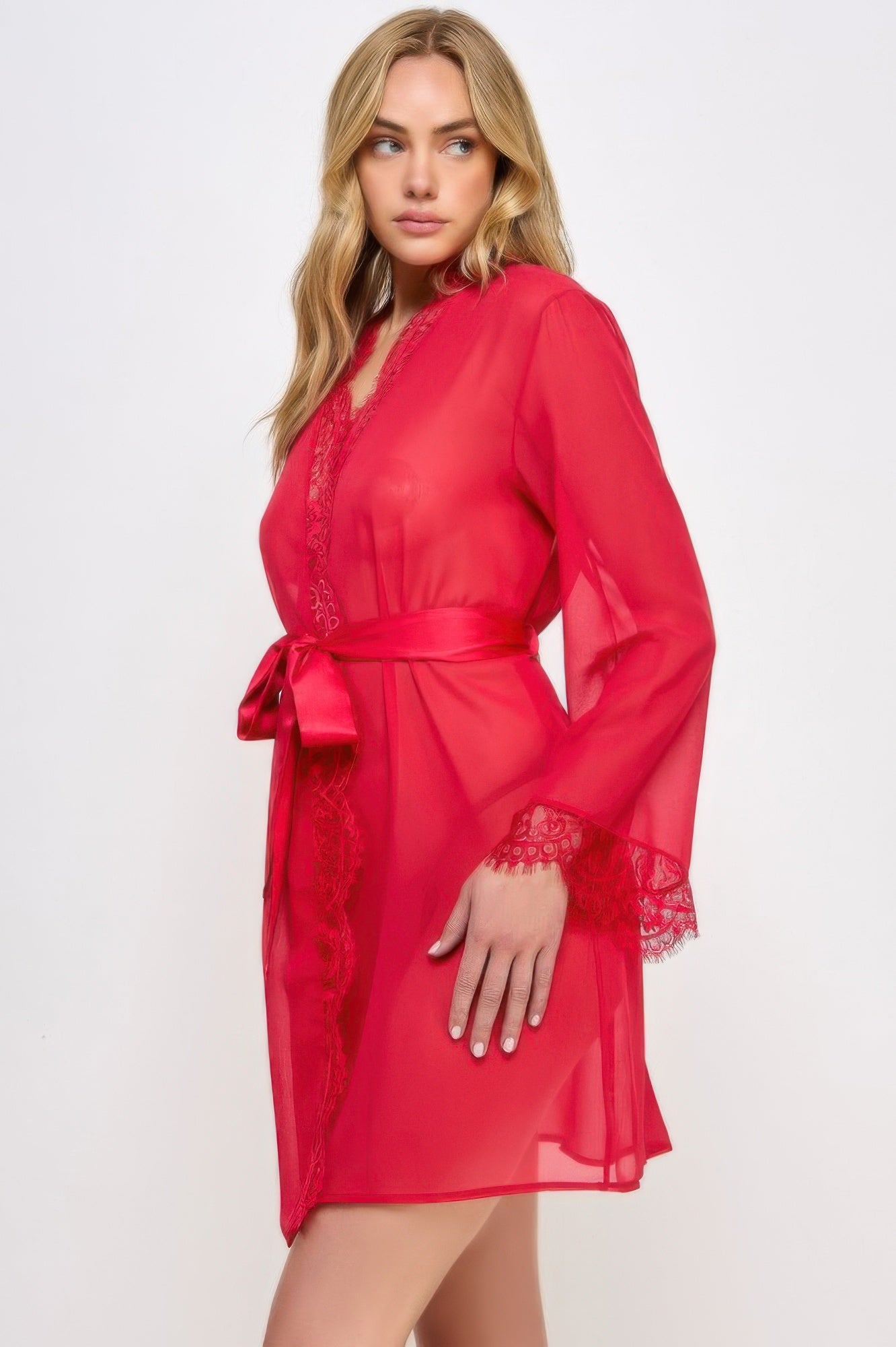 Vivian robe red sheer long sleeves, lace-trimmed V neckline, tied belt