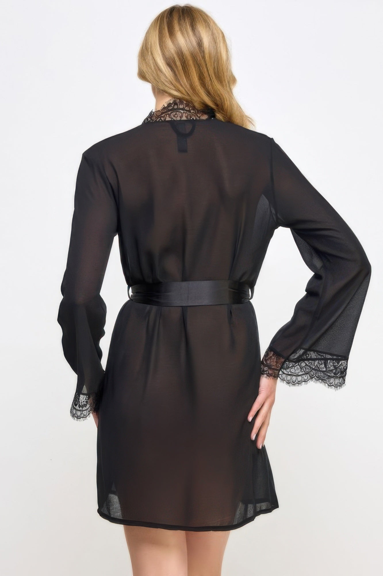 Vivian robe black sheer back view with belted waist and lace-trim cuffs