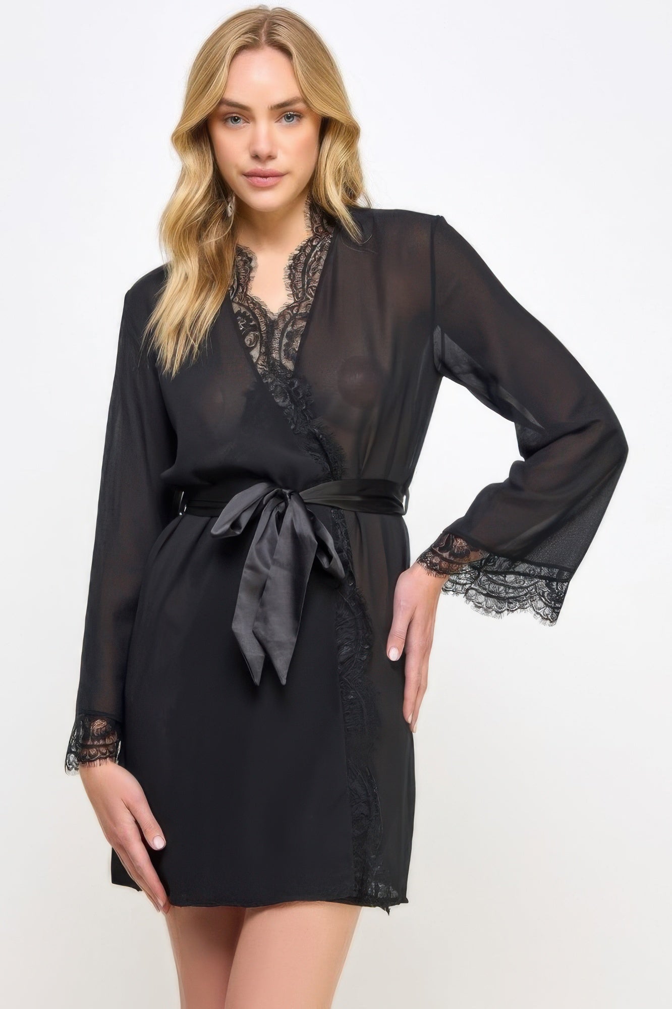 Vivian robe black sheer front view with lace V-neck and waist bow tie