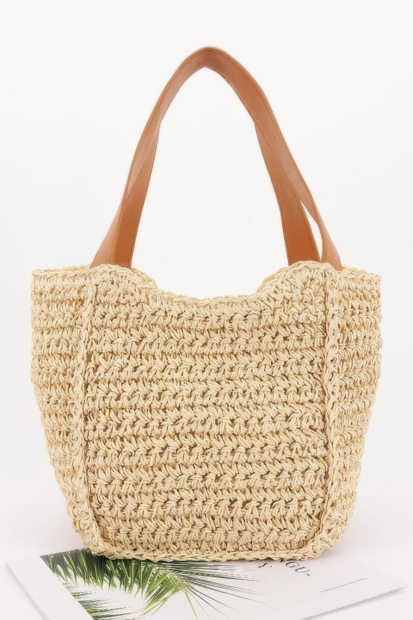 Faux straw ribbon tote bag in ivory, crochet weave with tan handles
