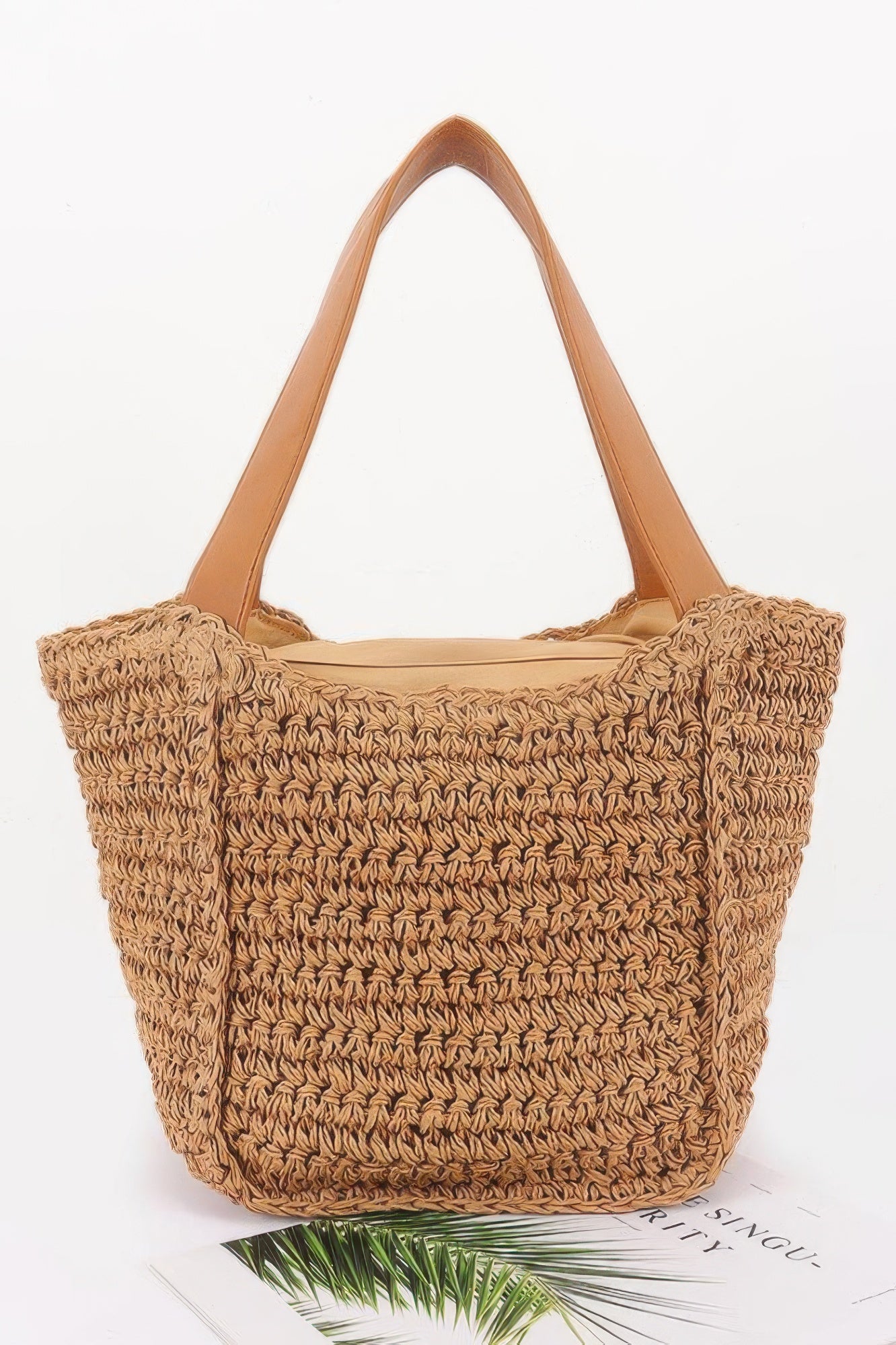 Faux straw ribbon tote bag in khaki with wide tan strap handles
