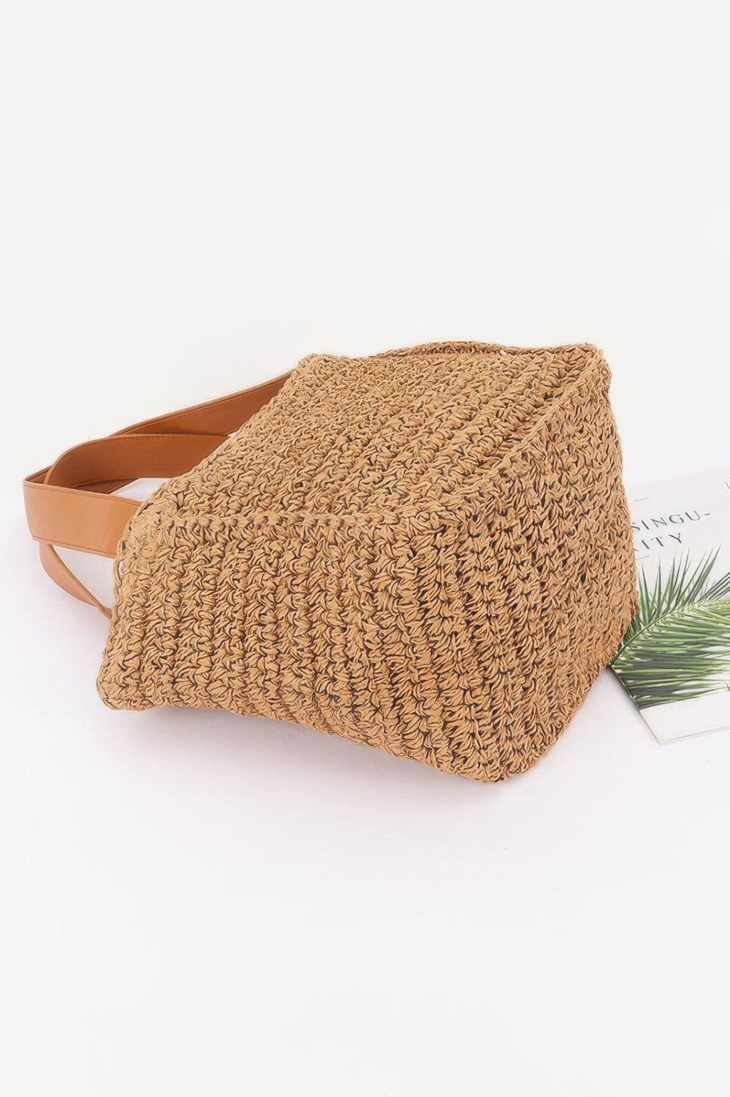 Khaki faux straw tote bag, textured crochet fabric and short top edge