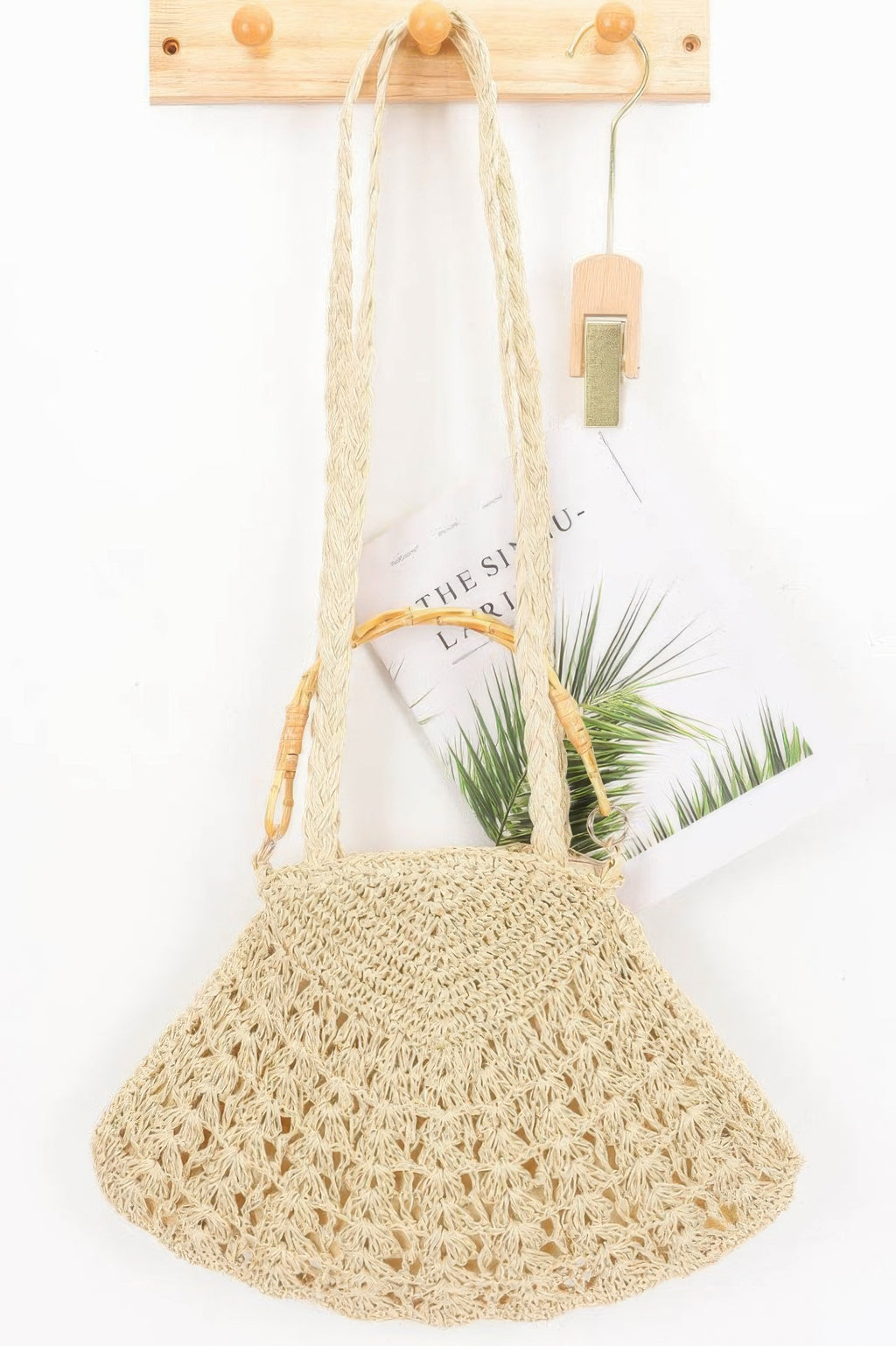 Faux straw bamboo handle bag, Ivory crocheted top with woven shoulder straps