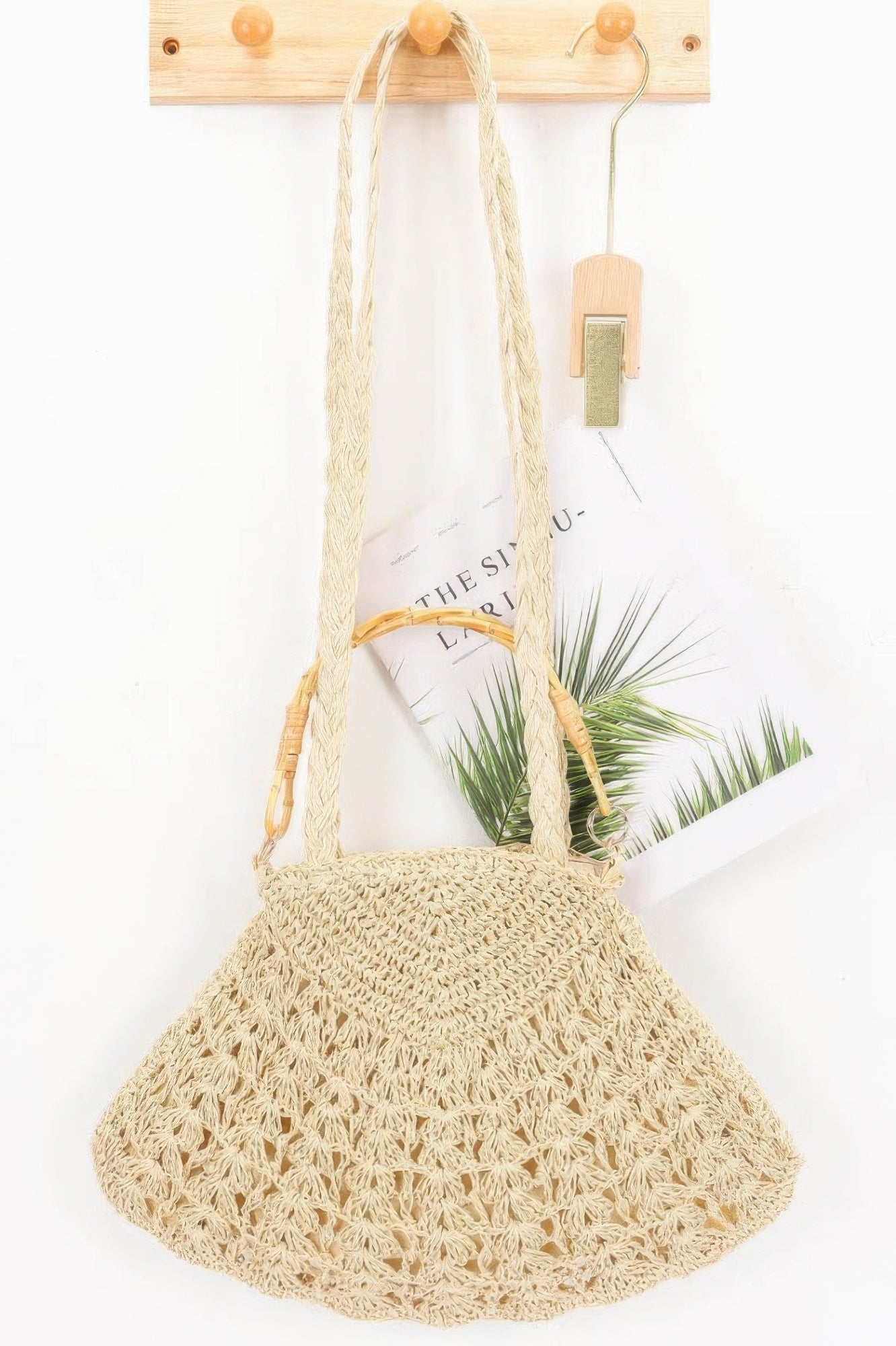 Faux straw bamboo handle bag, Ivory crocheted top with woven shoulder straps