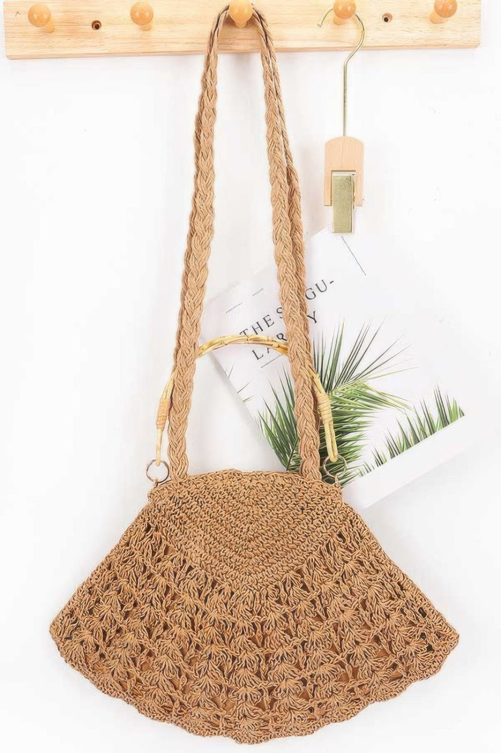 Faux straw bamboo handle bag, Khaki rounded crocheted shape with long braided handles