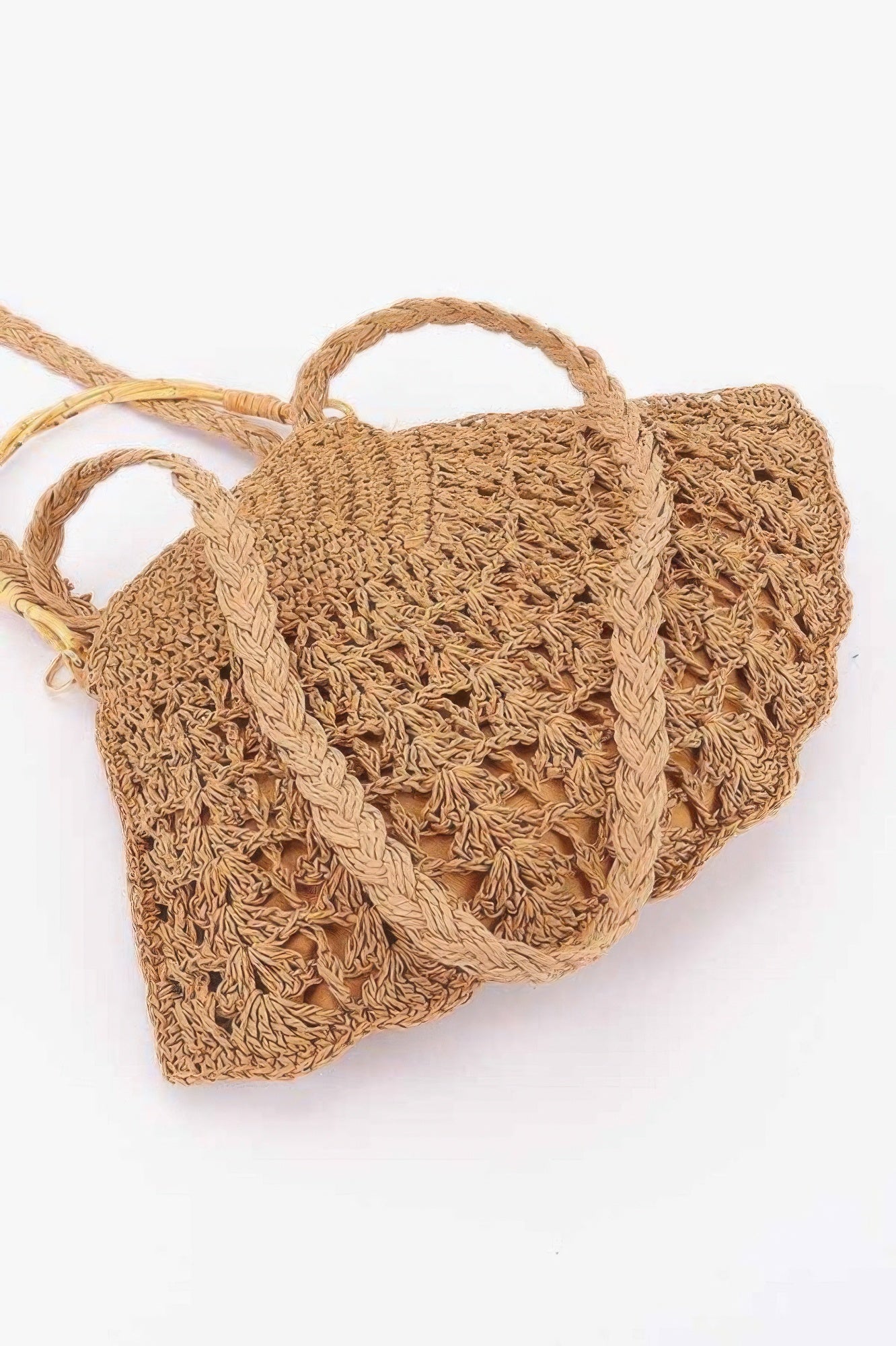 Faux straw bamboo handle bag close-up, Khaki textured crochet with braided top handles
