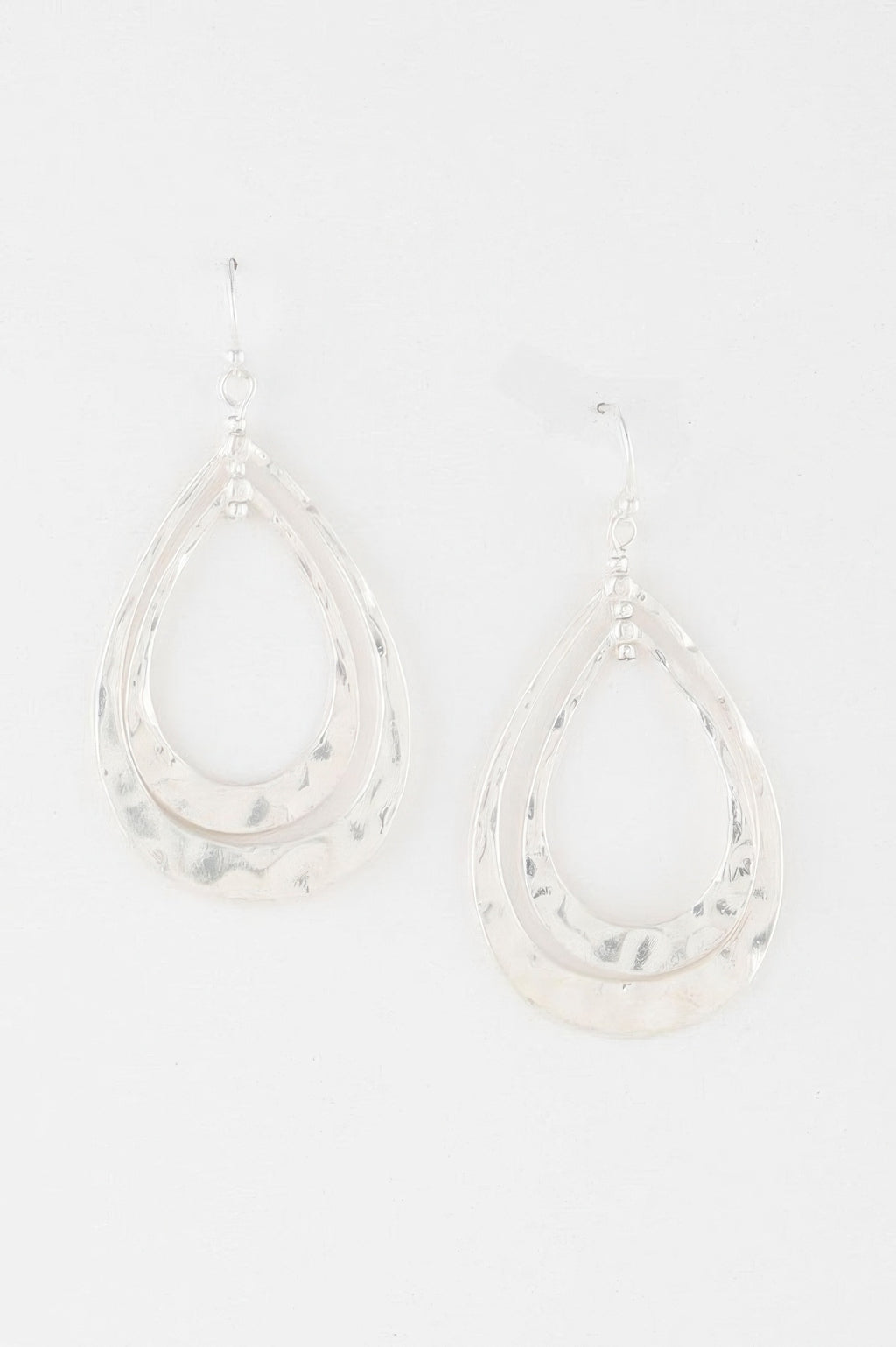 Hammered double teardrop earrings, dangling open teardrop loops in silver tone