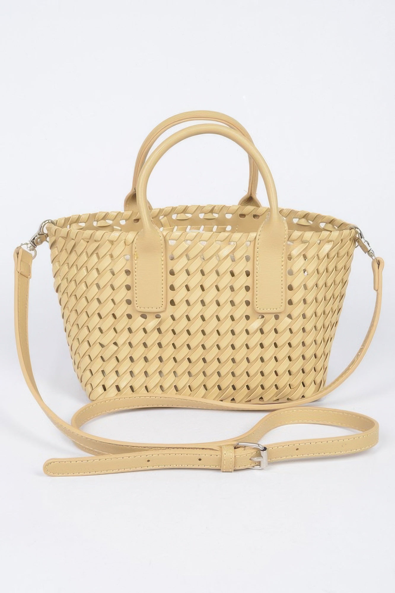 Beige faux leather braided tote bag with top handles and detachable crossbody strap