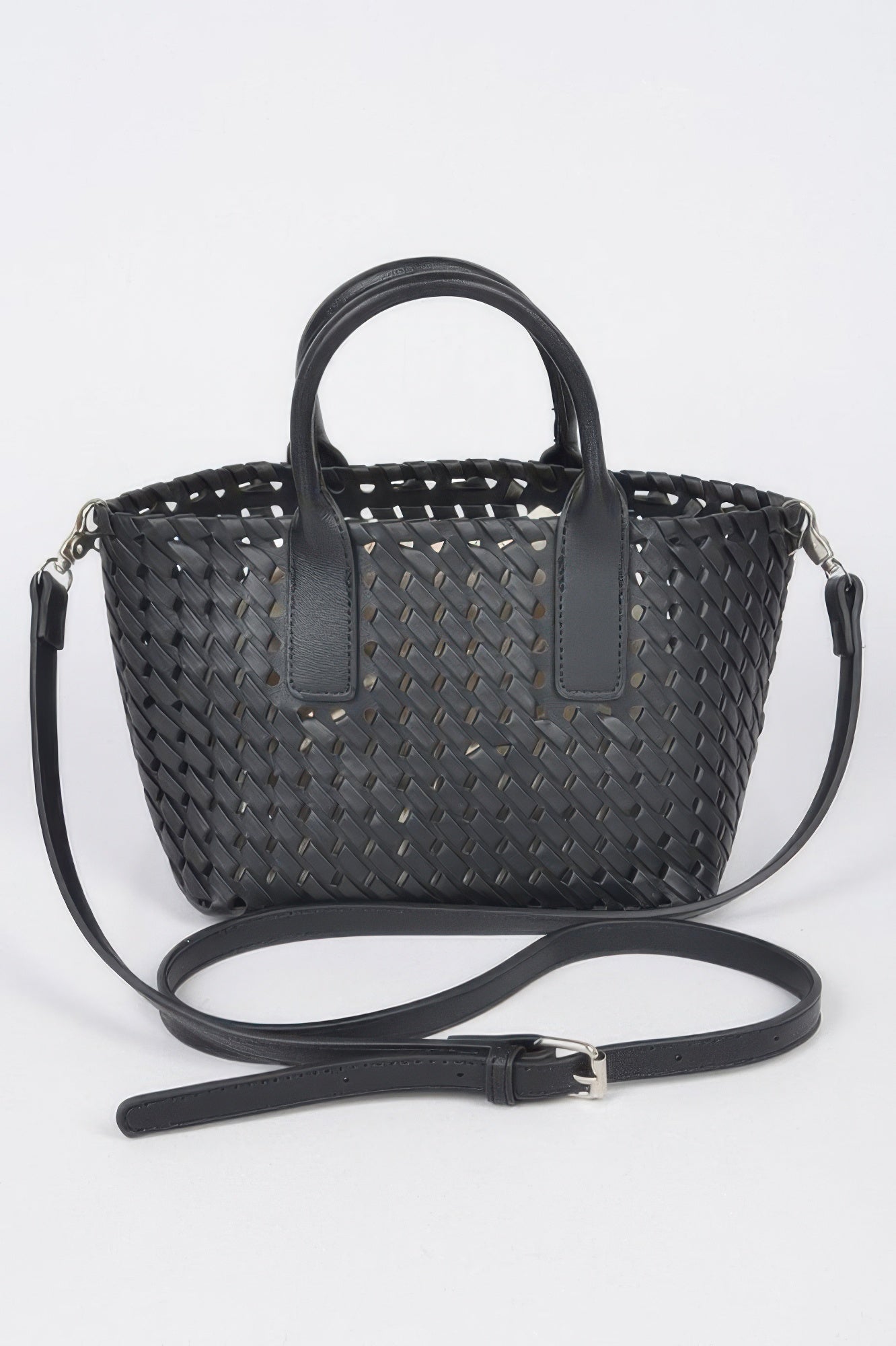 Black faux leather braided tote bag with dual top handles and crossbody strap