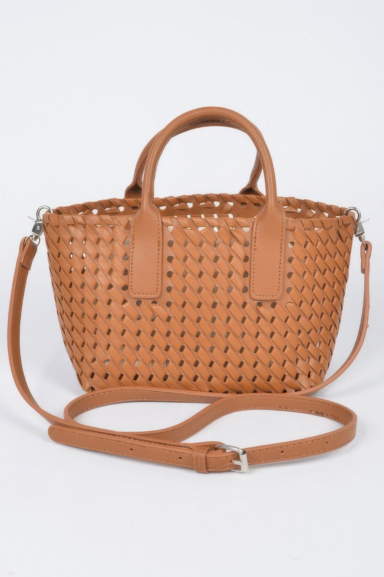 Camel faux leather braided tote bag with top handles and adjustable crossbody strap