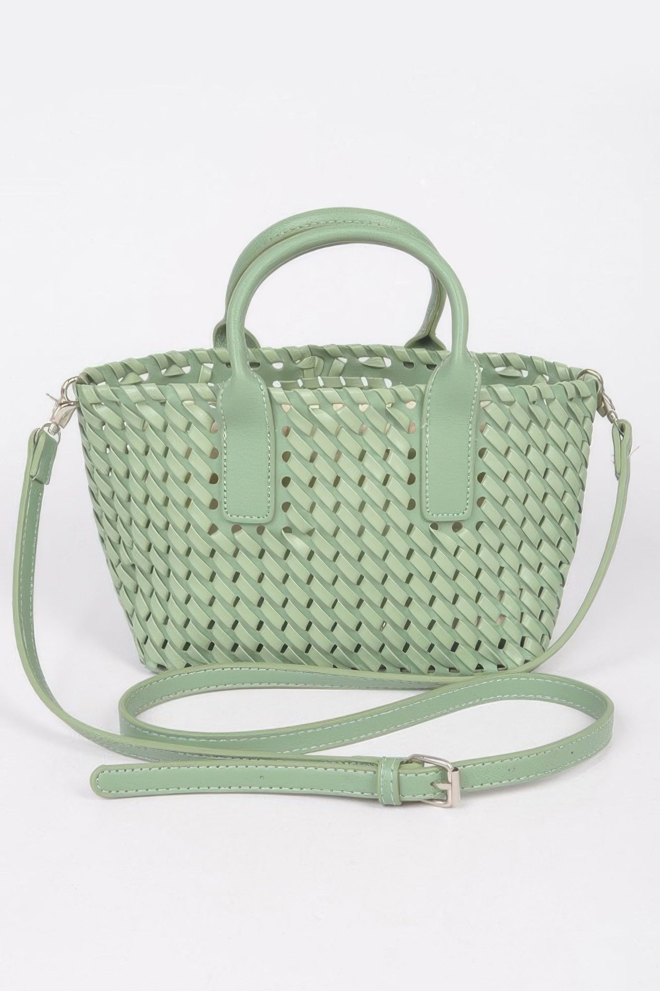 Mint faux leather braided tote bag with top handles and crossbody strap