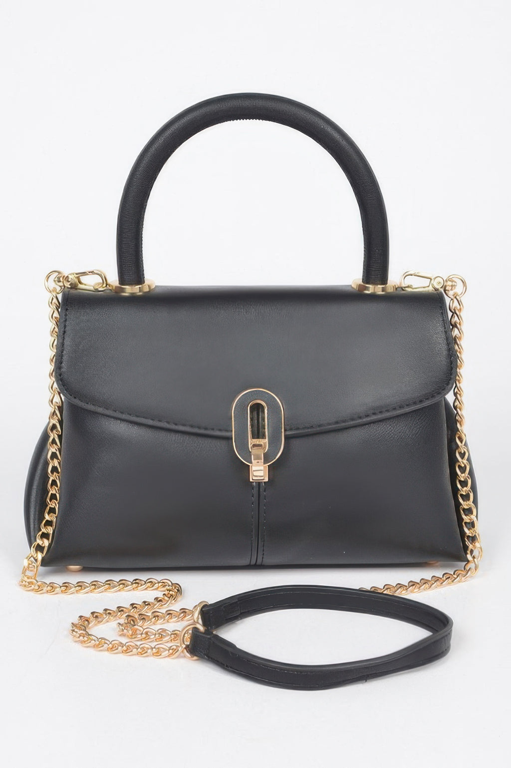 Faux leather top-handle bag in black with chain strap and front clasp