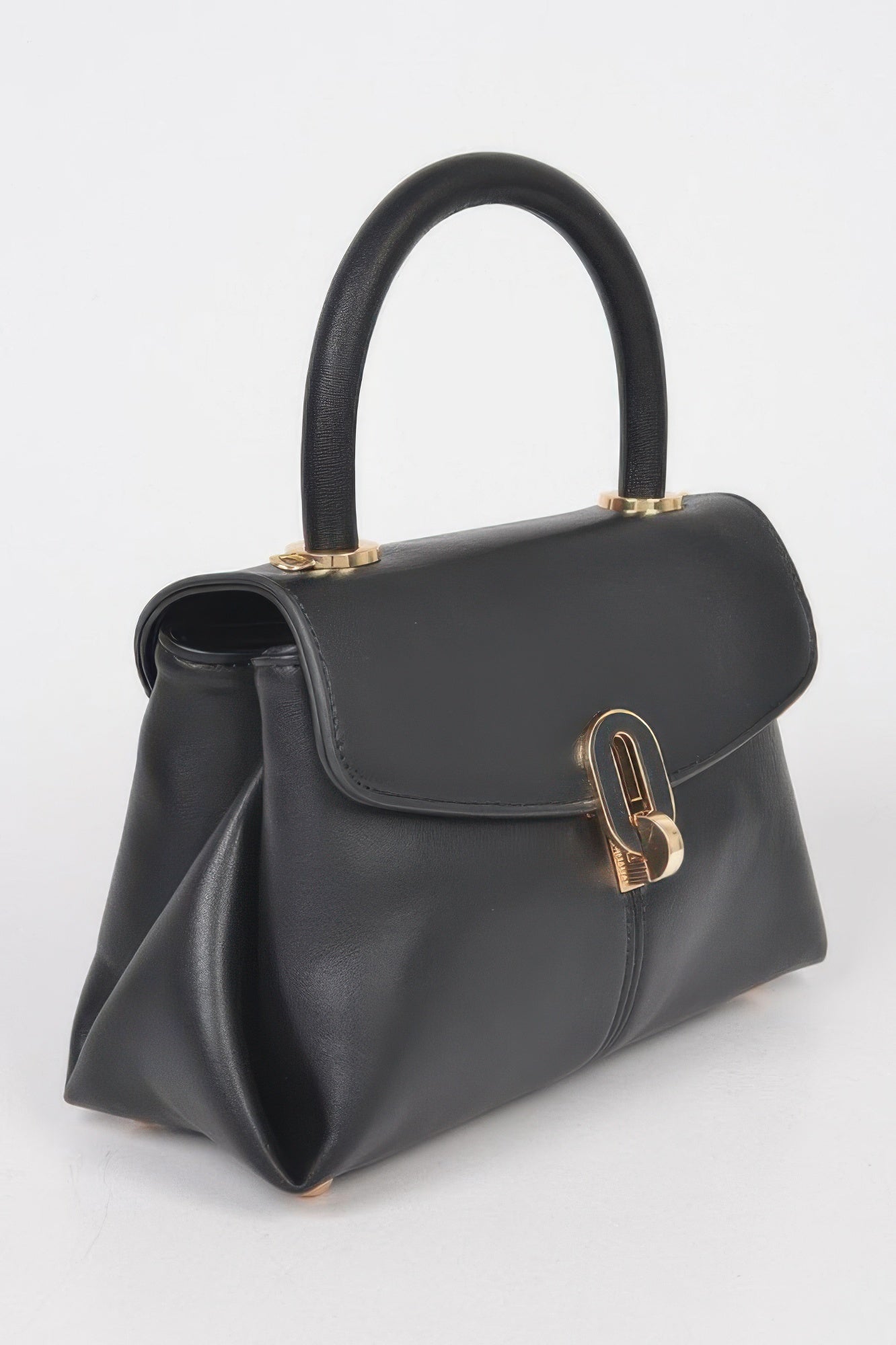 Black faux leather top-handle bag with front lock, flap, and short chain strap