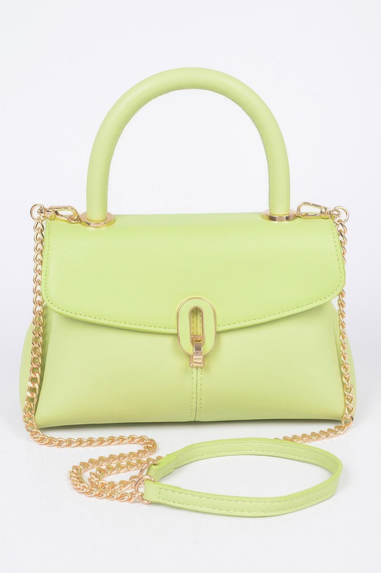 Lime green faux leather top-handle bag with gold chain strap and front clasp