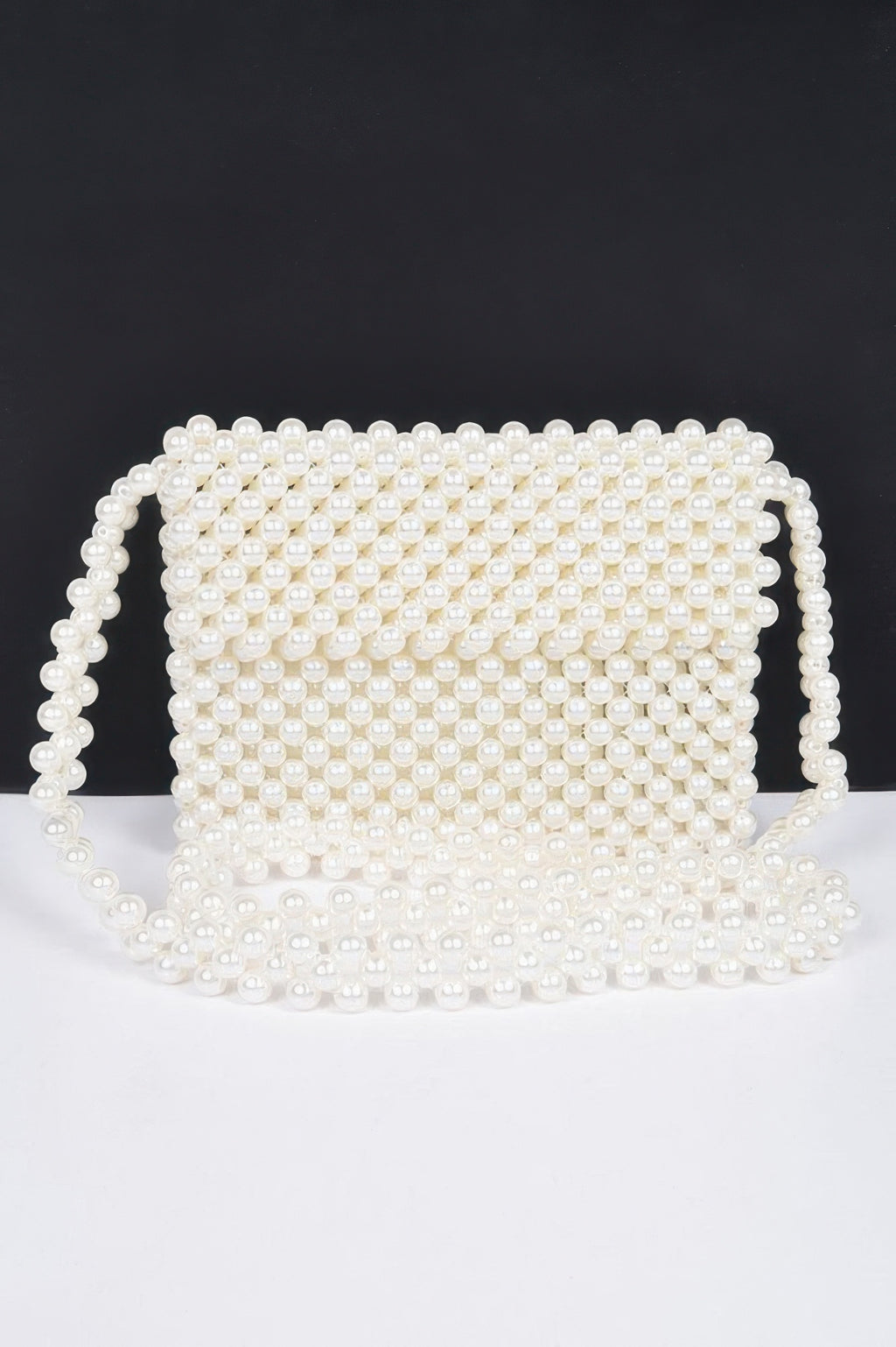 Cream faux pearl beaded flap crossbody bag with structured front