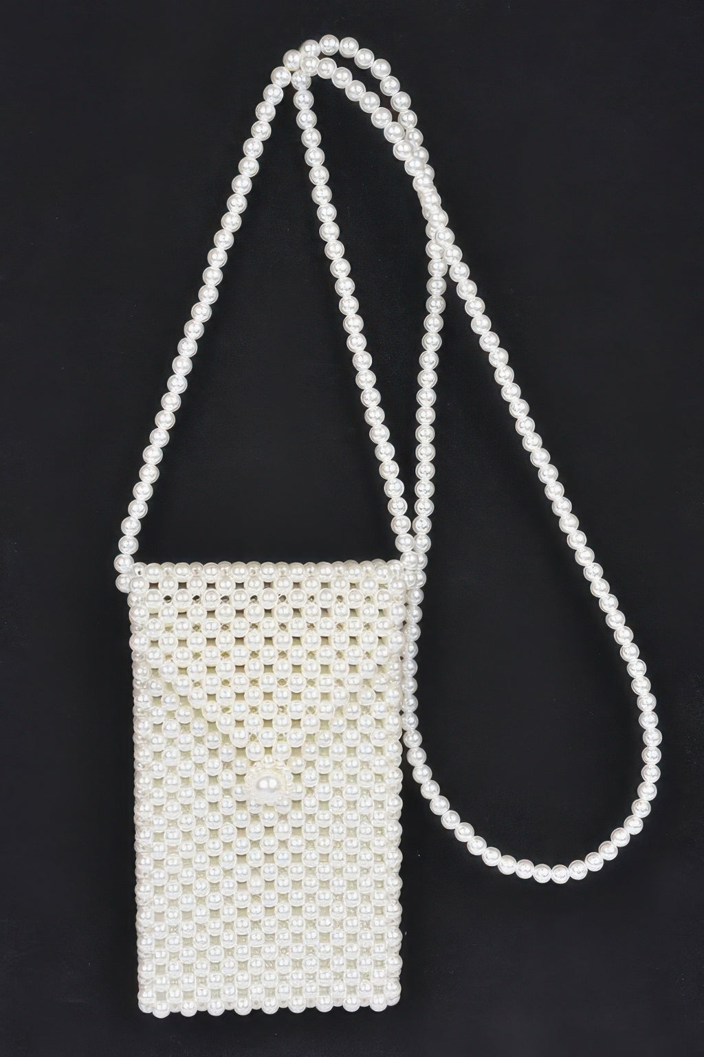 Cream faux-pearl beaded crossbody small bag with long shoulder strap