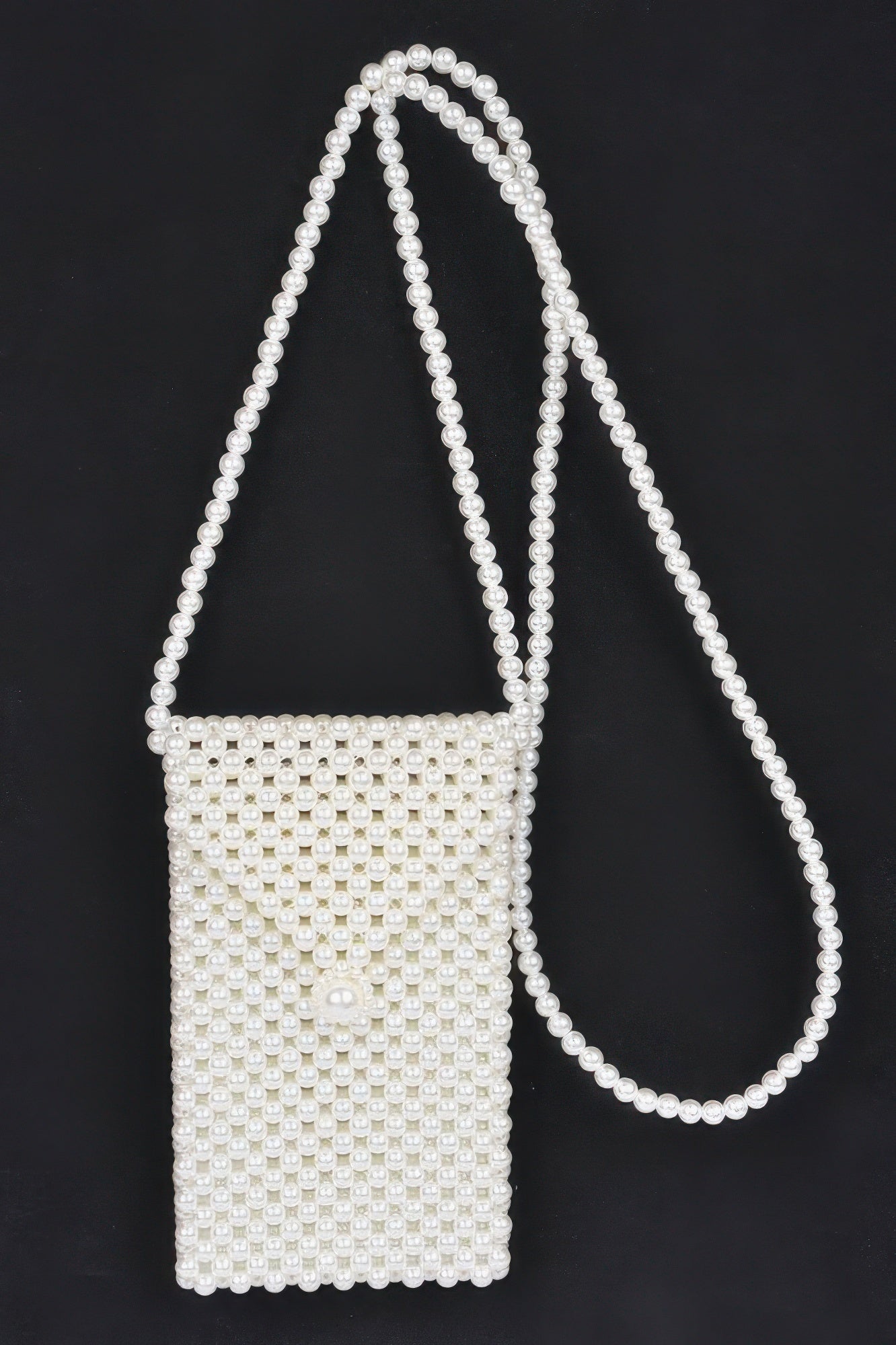 Cream faux-pearl beaded crossbody small bag with long shoulder strap