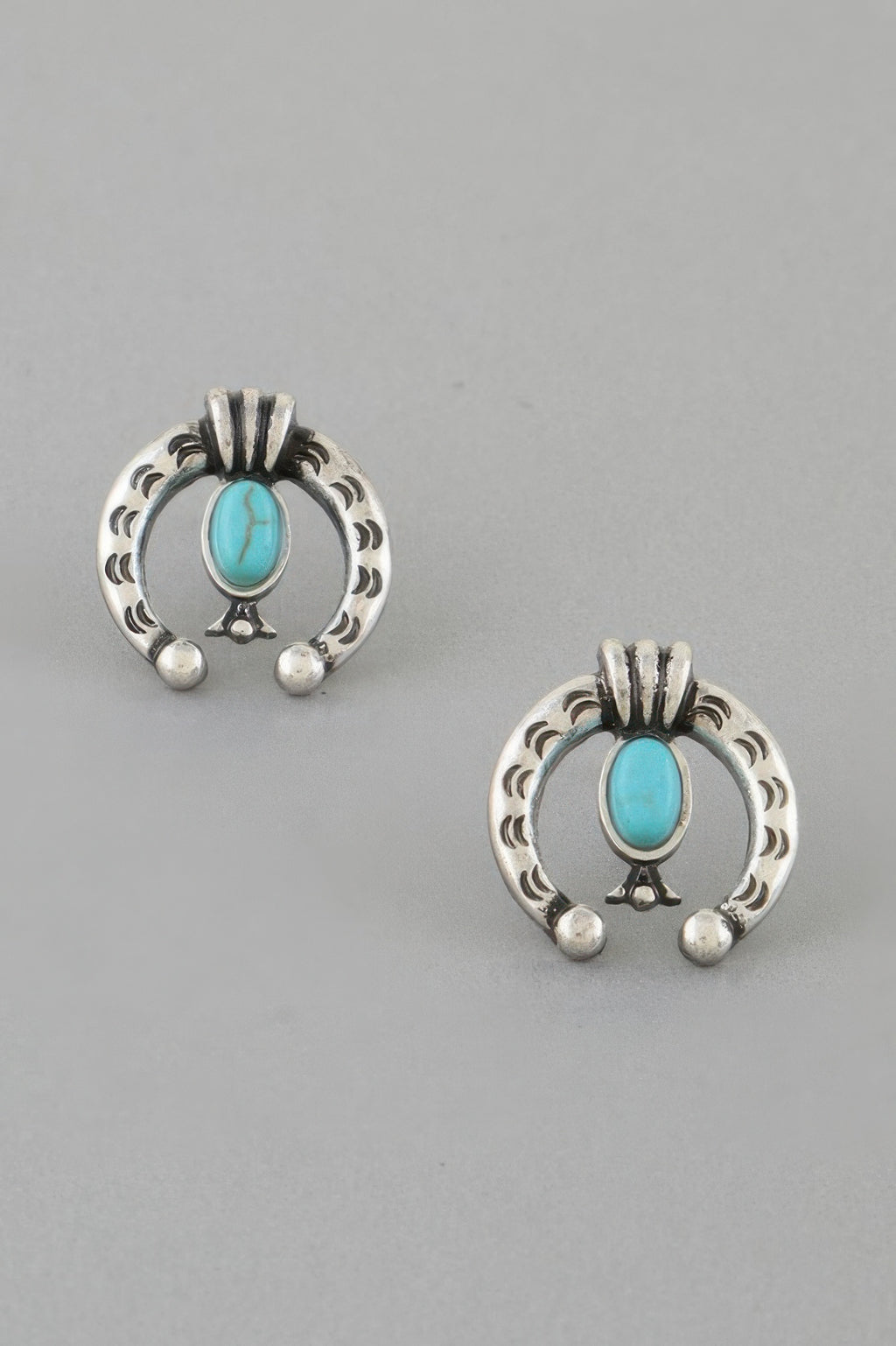 Antique horseshoe stud earrings, silver-tone with turquoise oval center