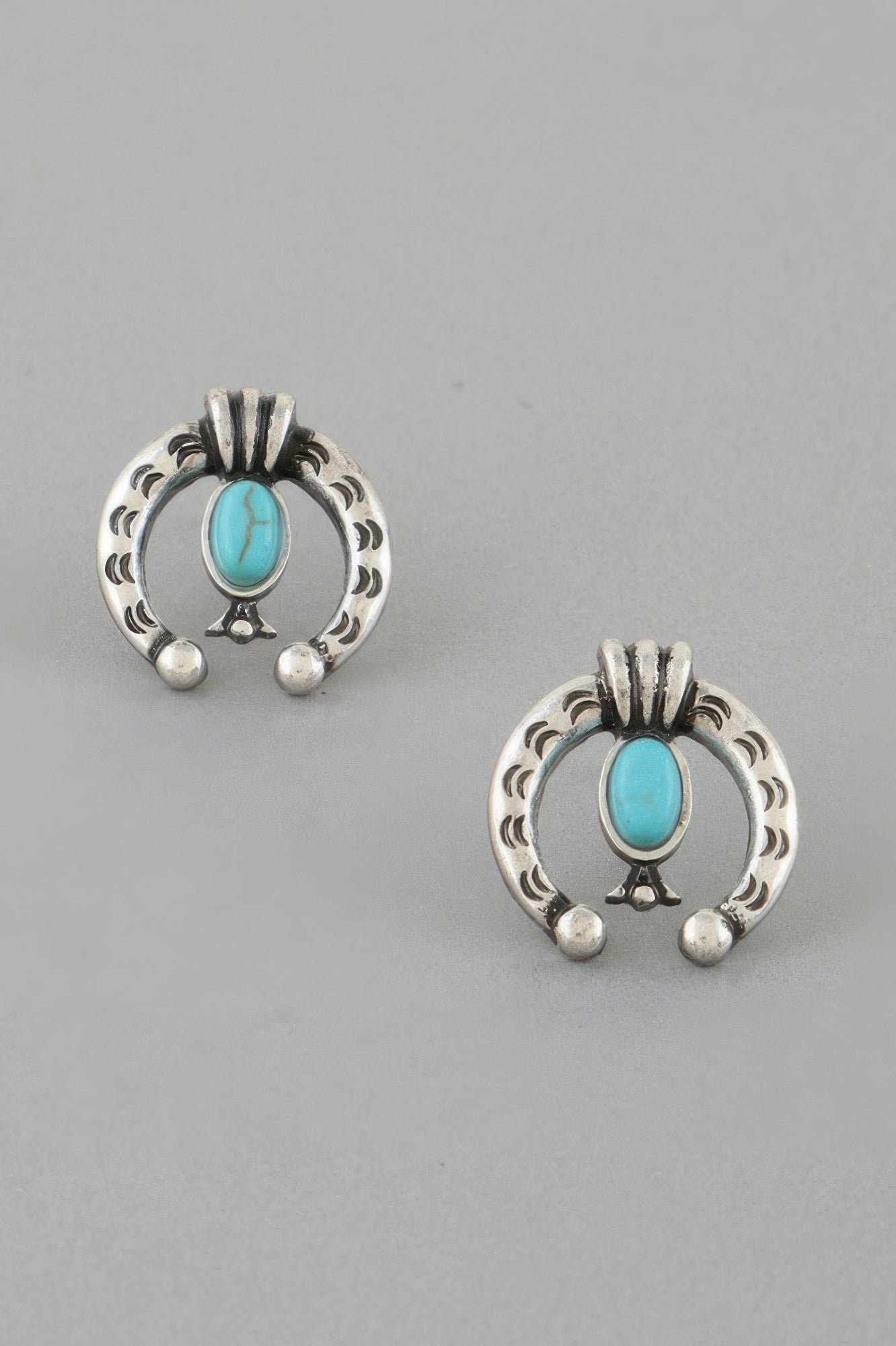 Antique horseshoe stud earrings, silver-tone with turquoise oval center