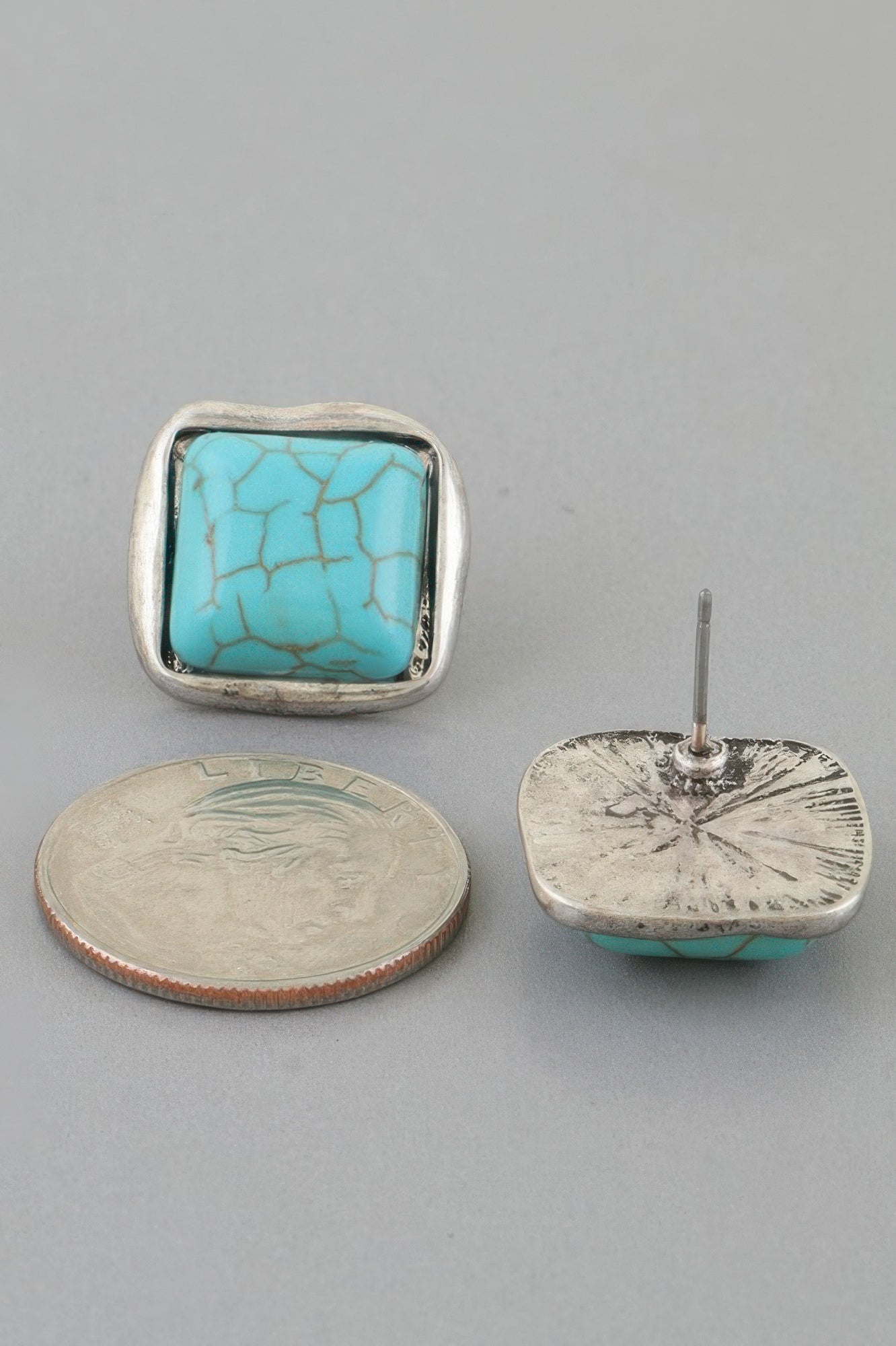 Turquoise cubic stud earrings with cracked stone and silver-tone back post, antique style