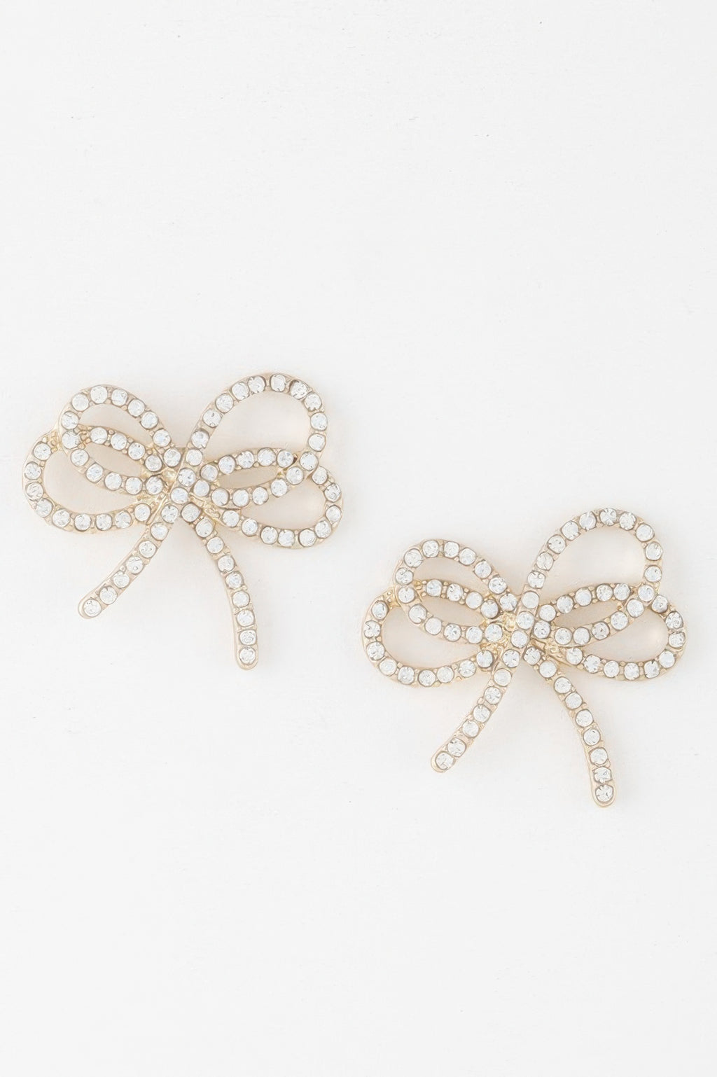 Double jeweled ribbon earrings with bow design, clear rhinestone accents, gold-tone finish