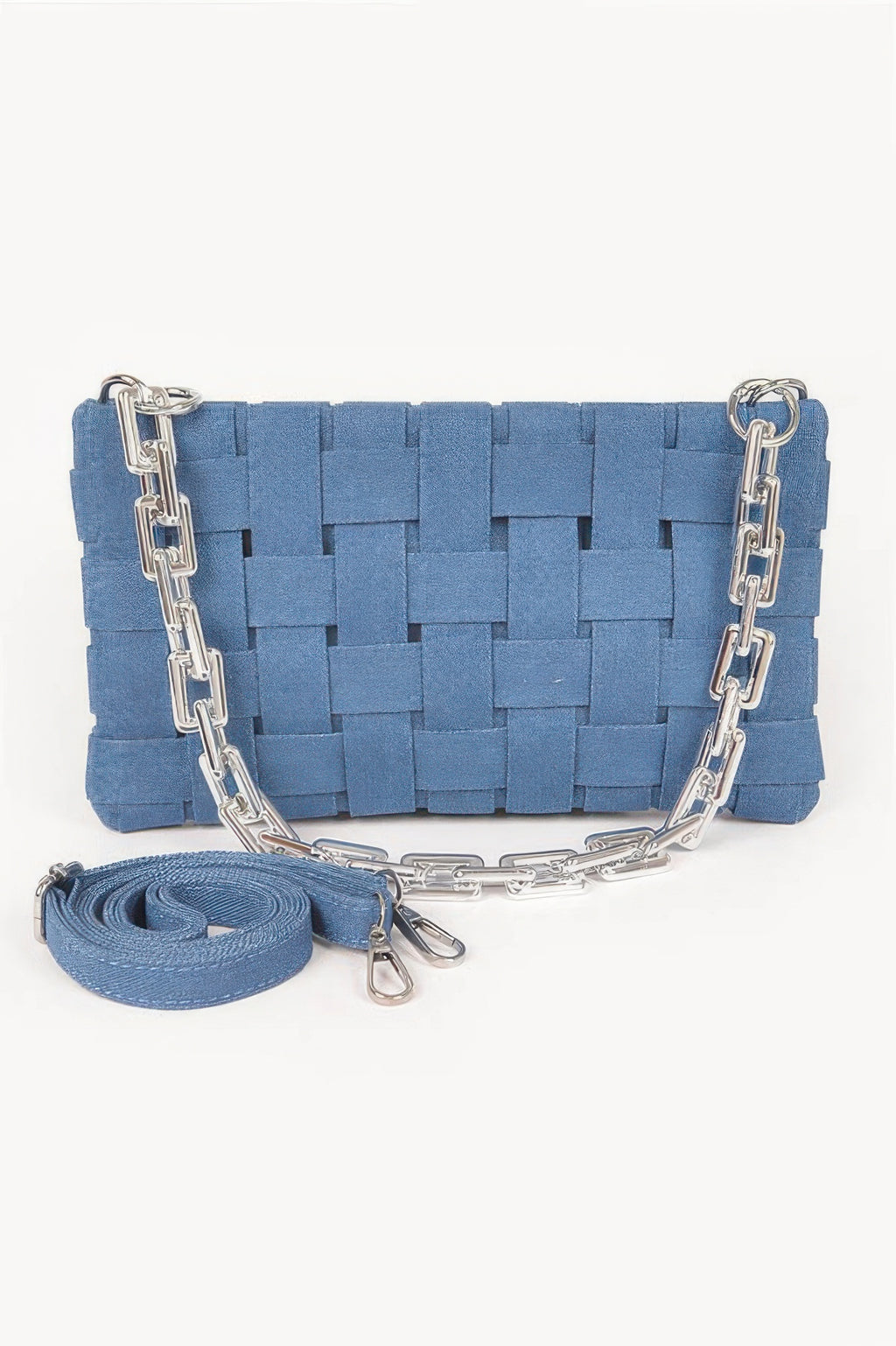 Blue denim braided chain shoulder bag with silver chain strap and lock clasp