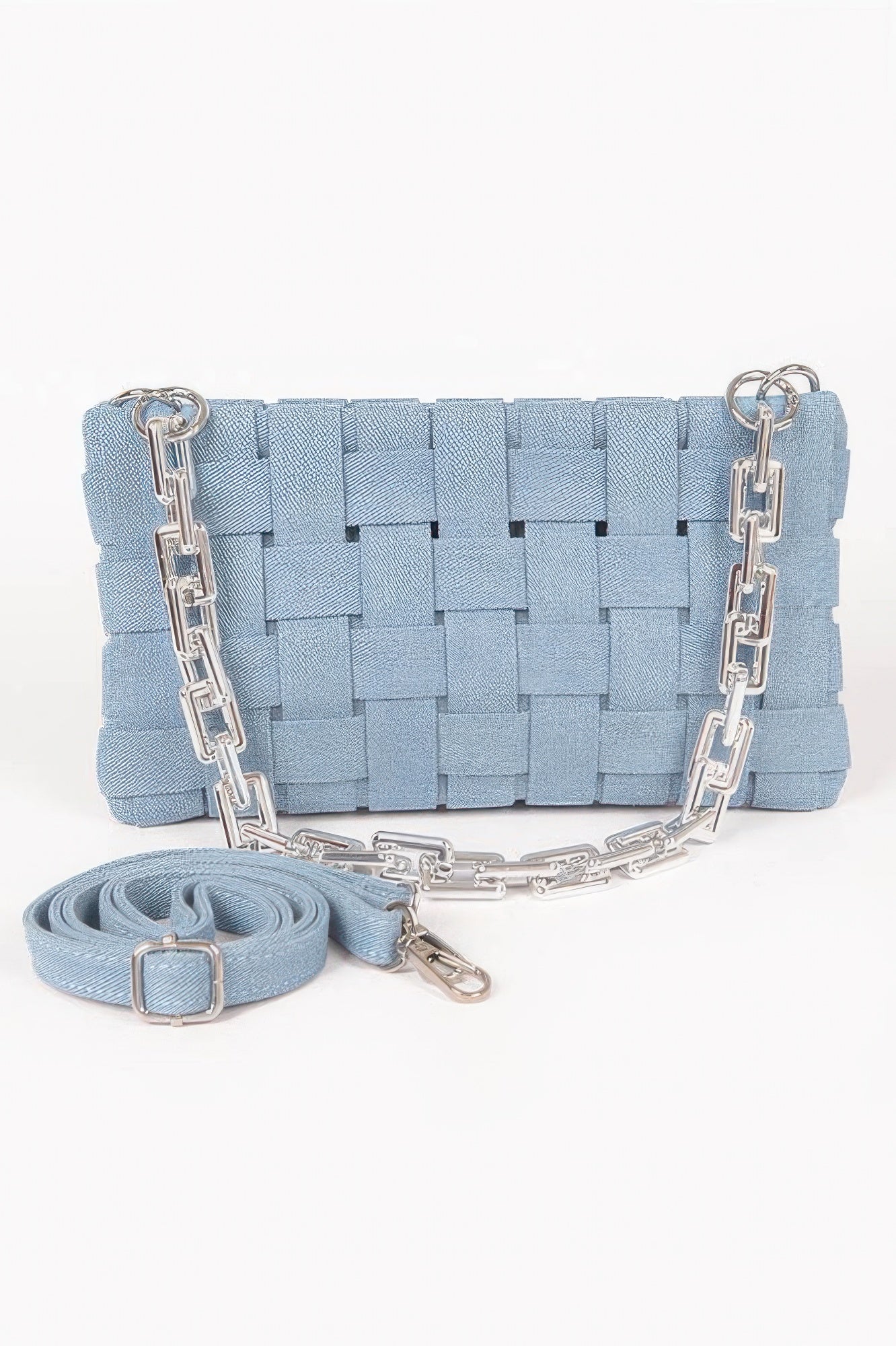 Blue denim braided chain shoulder bag with fabric strap loop and silver chain handle