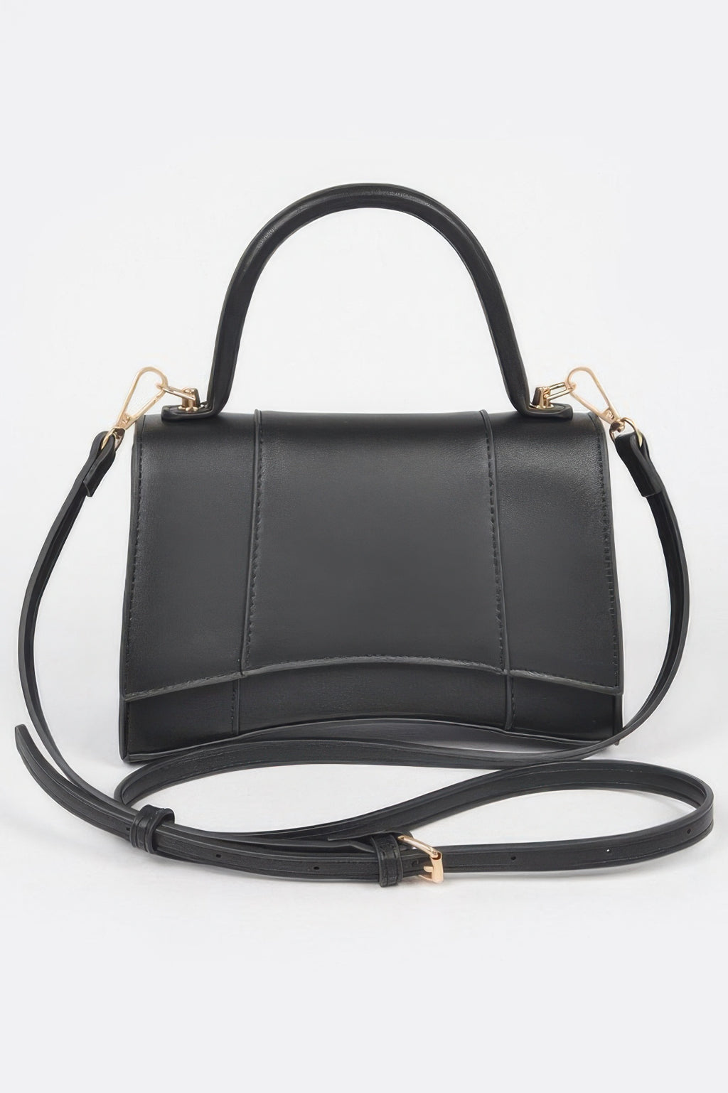 Black faux leather top-handle bag with gold-tone hardware and crossbody strap
