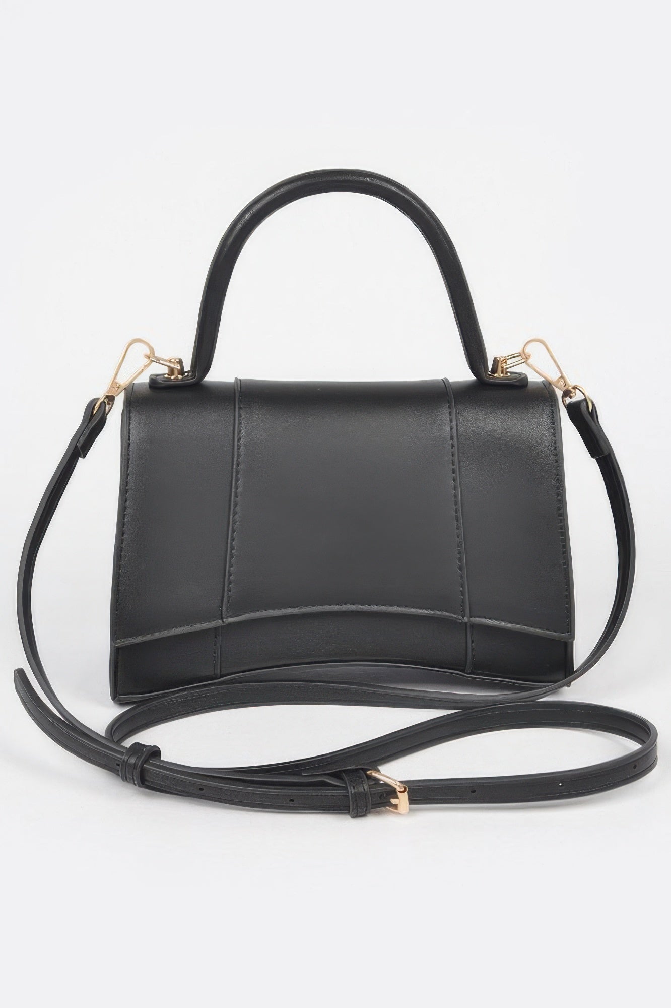 Black faux leather top-handle bag with gold-tone hardware and crossbody strap