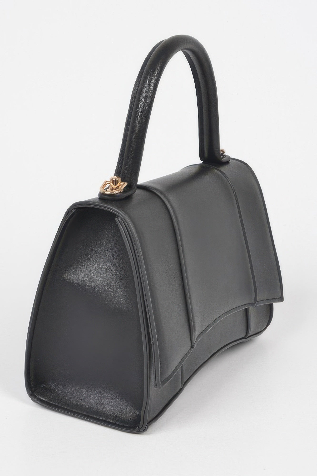 Black faux leather top-handle bag, structured with side seams and gold-tone clasps