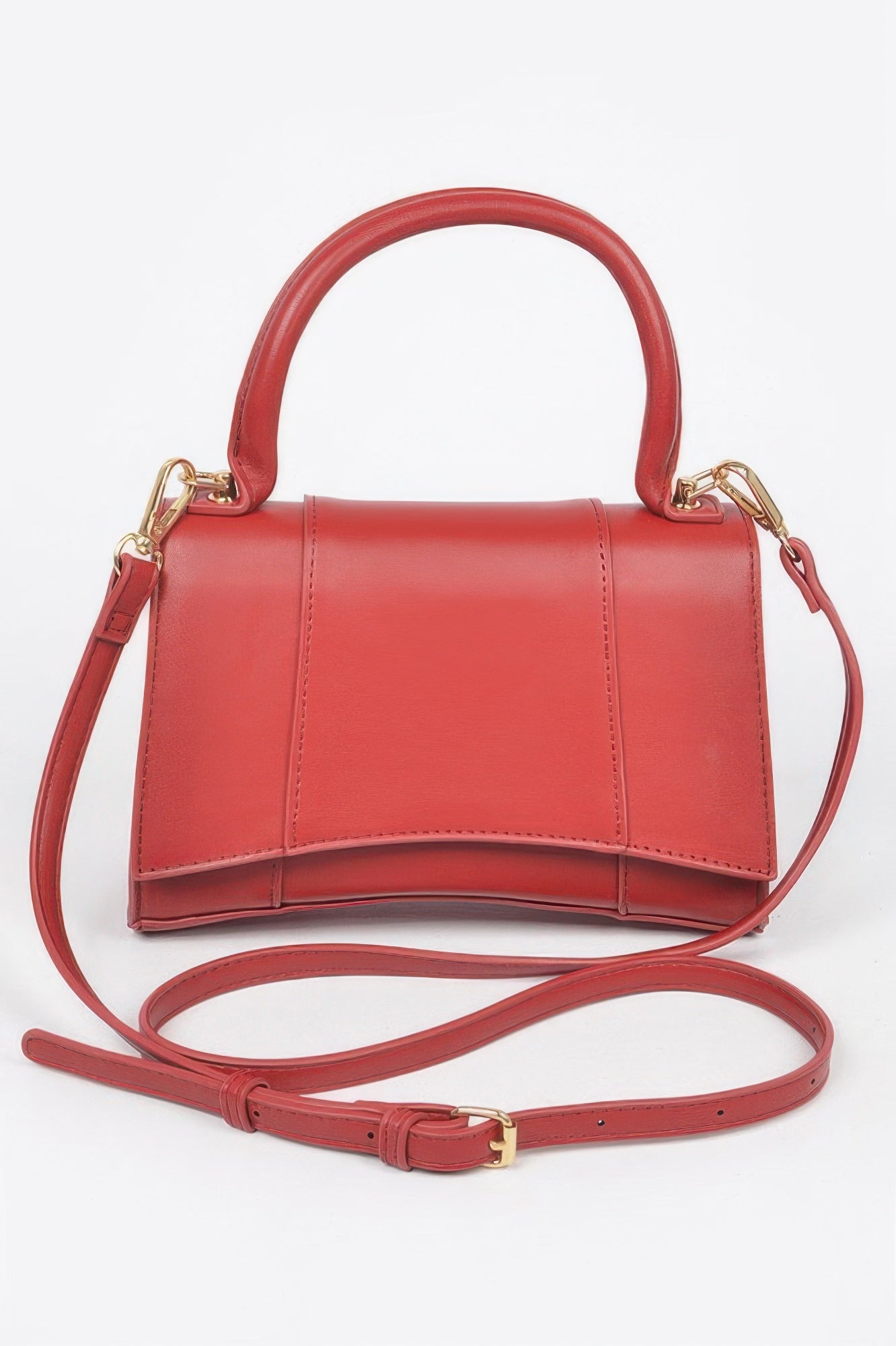 Red faux leather top-handle bag with gold-tone hardware and detachable crossbody strap