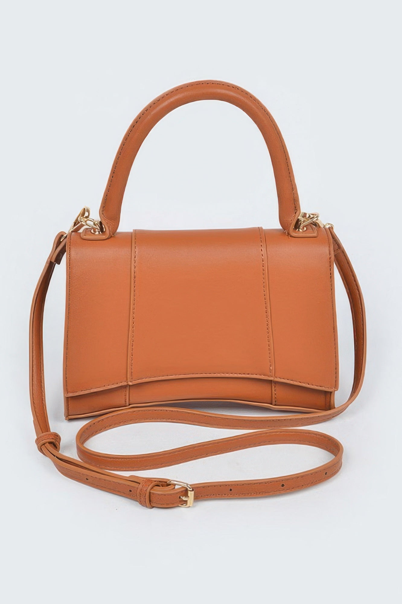 Camel faux leather top-handle bag with curved handles and crossbody strap