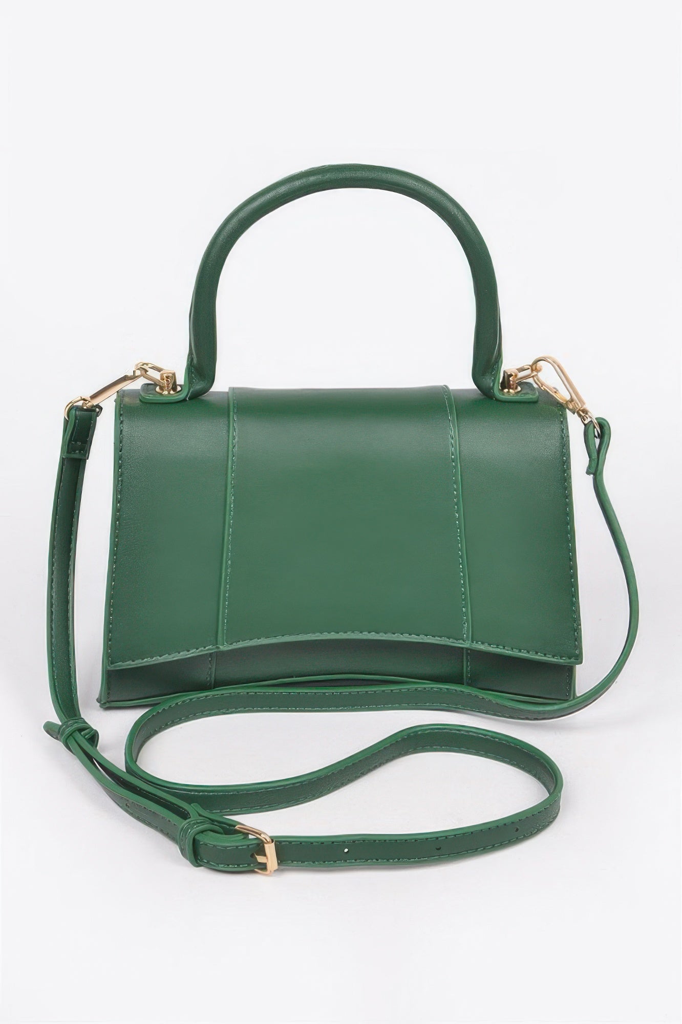 Green faux leather top-handle bag with gold-tone hardware and adjustable crossbody strap