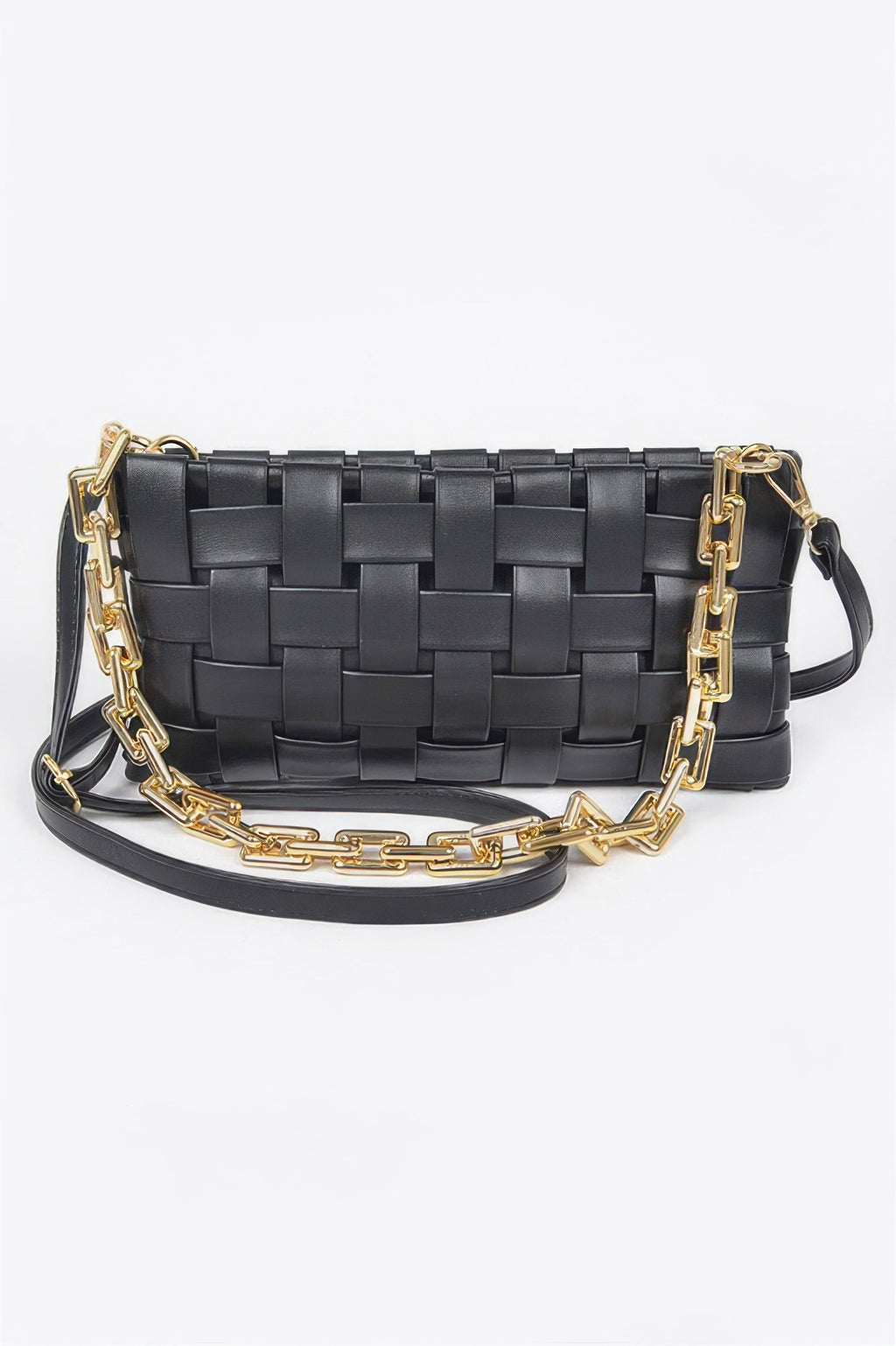Braided chain crossbody bag in black with gold chain strap