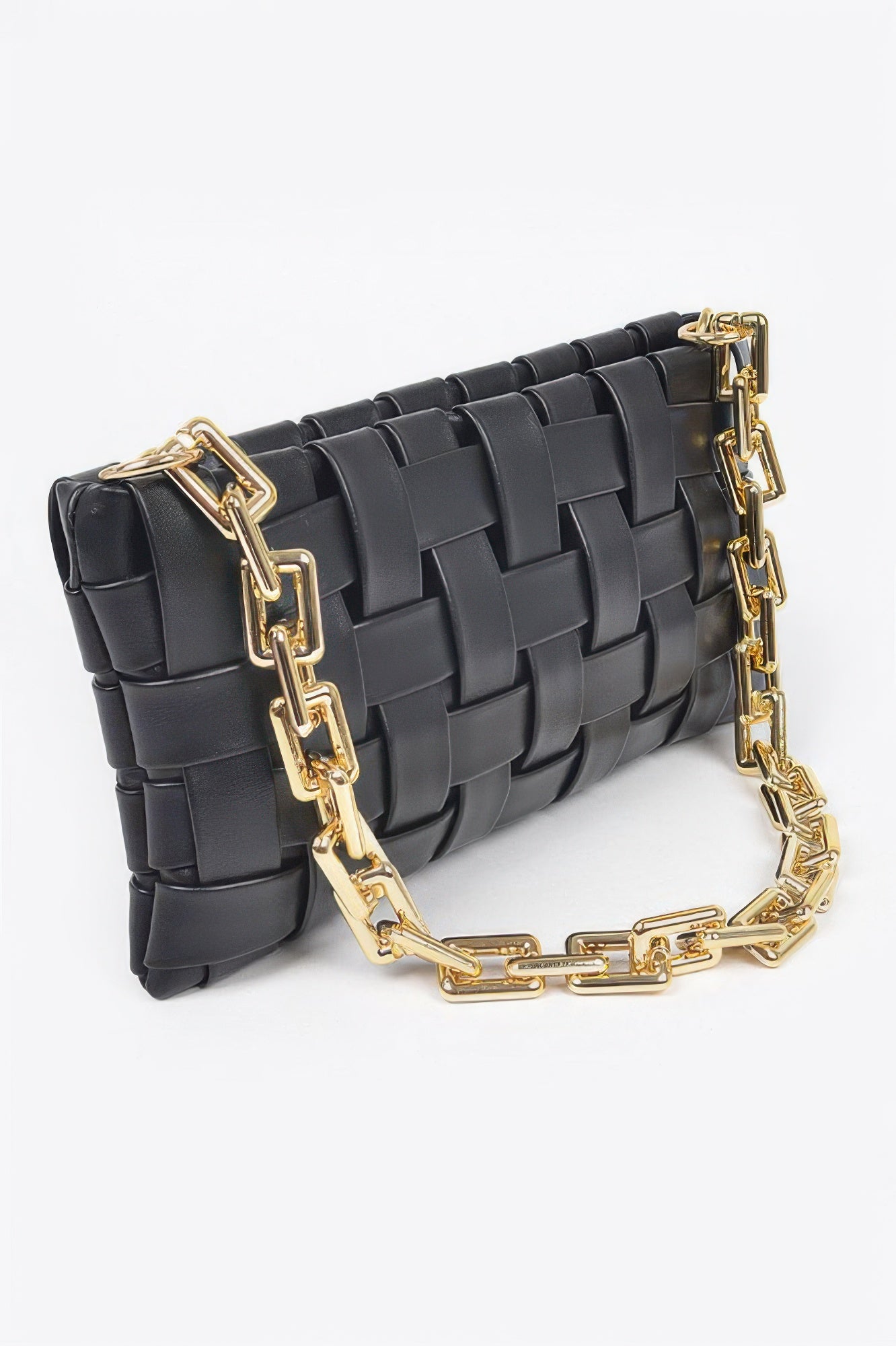 Black braided chain crossbody bag, woven front texture and gold hardware