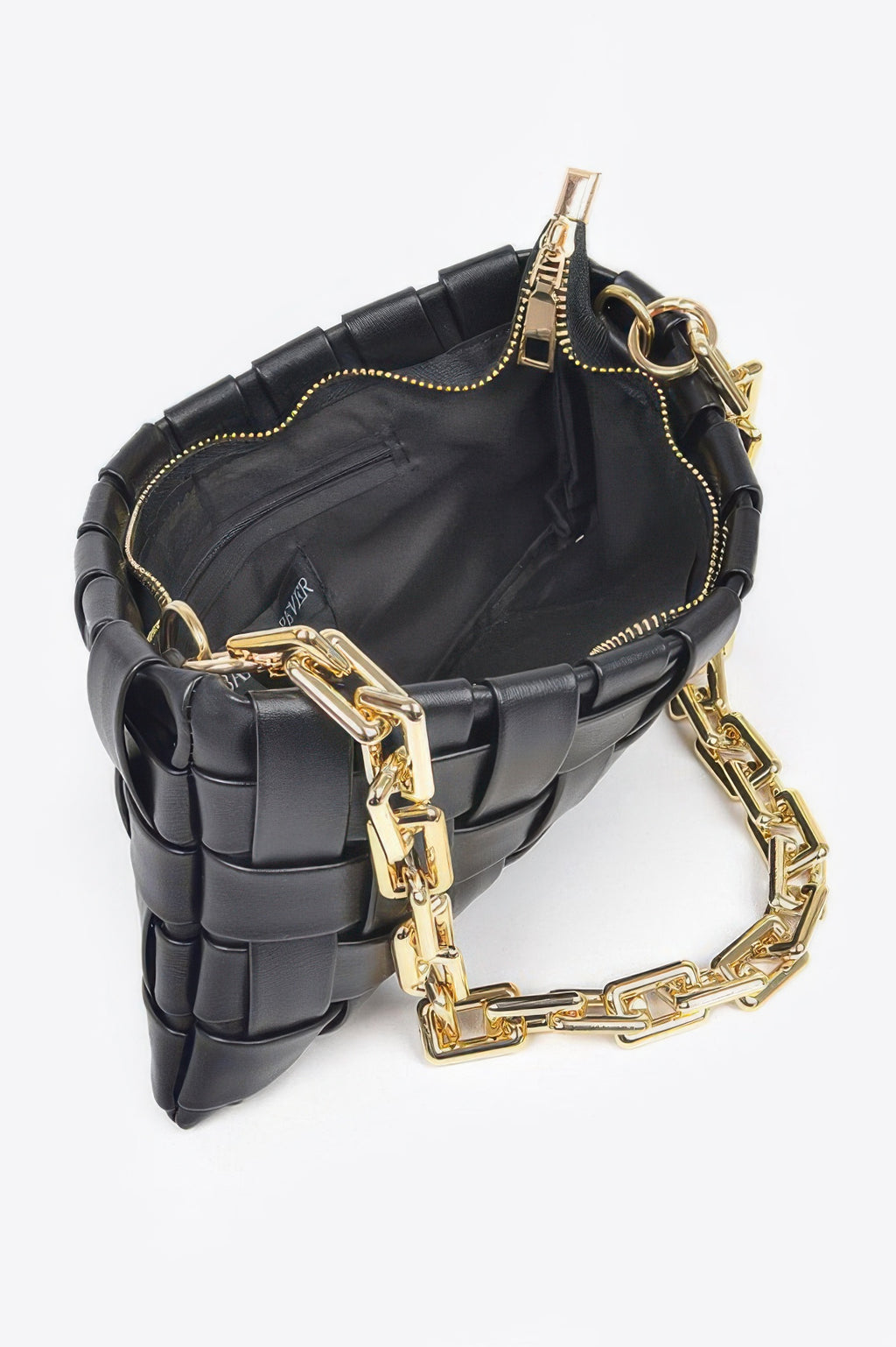 Black braided chain crossbody bag with top zipper and gold chain strap