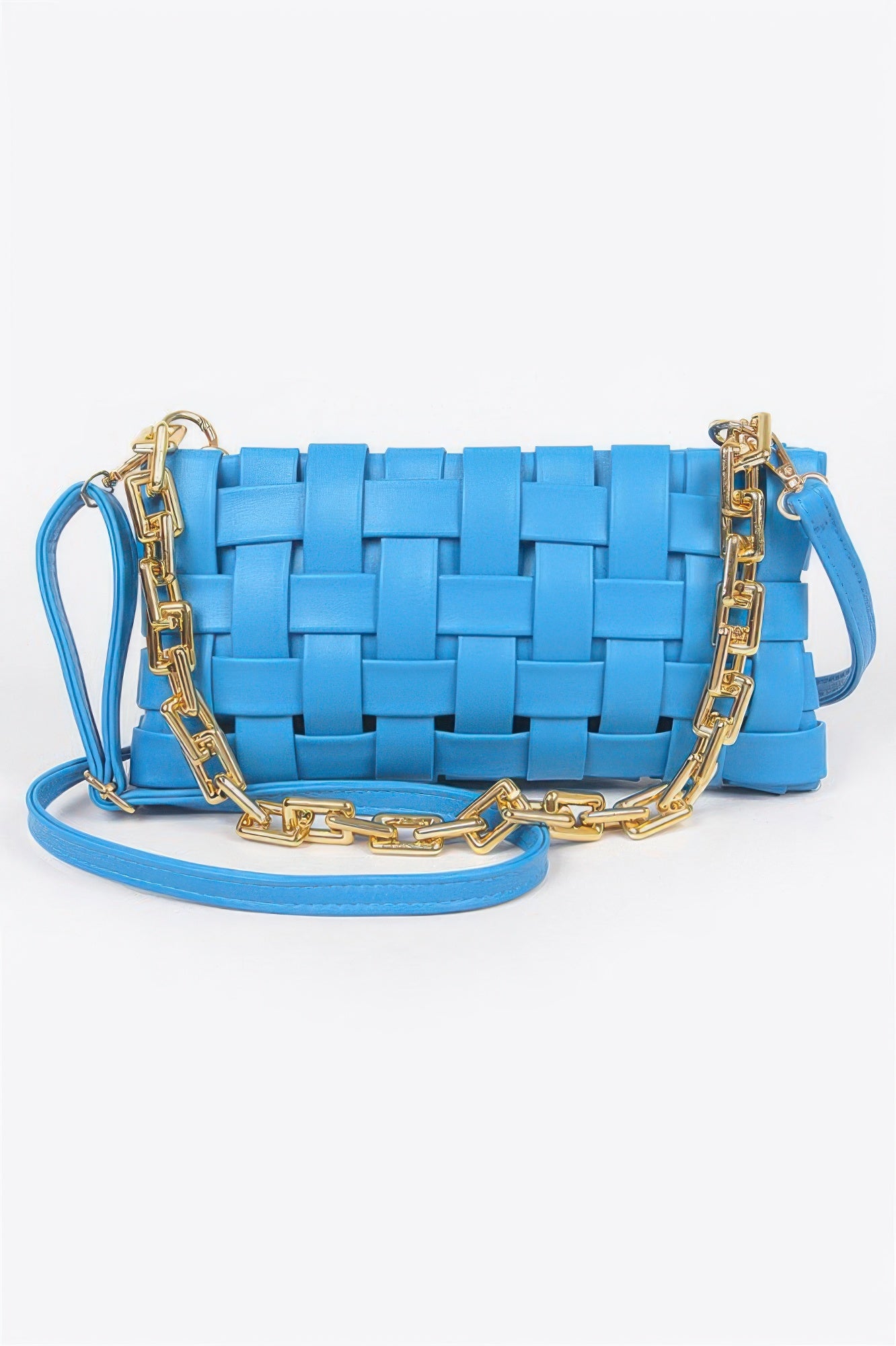 Blue braided chain crossbody bag with gold chain strap and woven front
