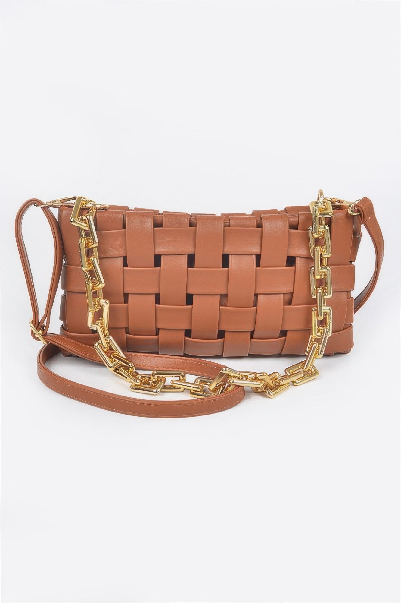 Camel brown braided chain crossbody bag with gold chain strap