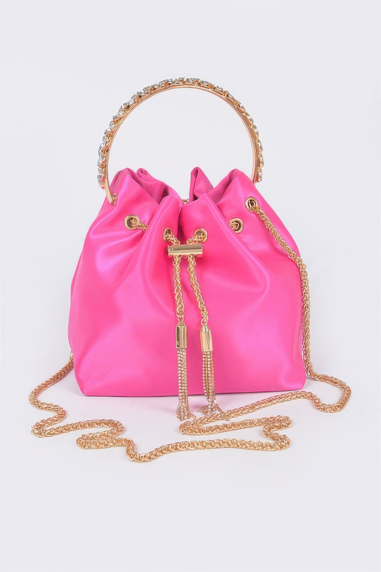 Rhinestone top-handle satin bucket bag, fuchsia pink with gold chain straps