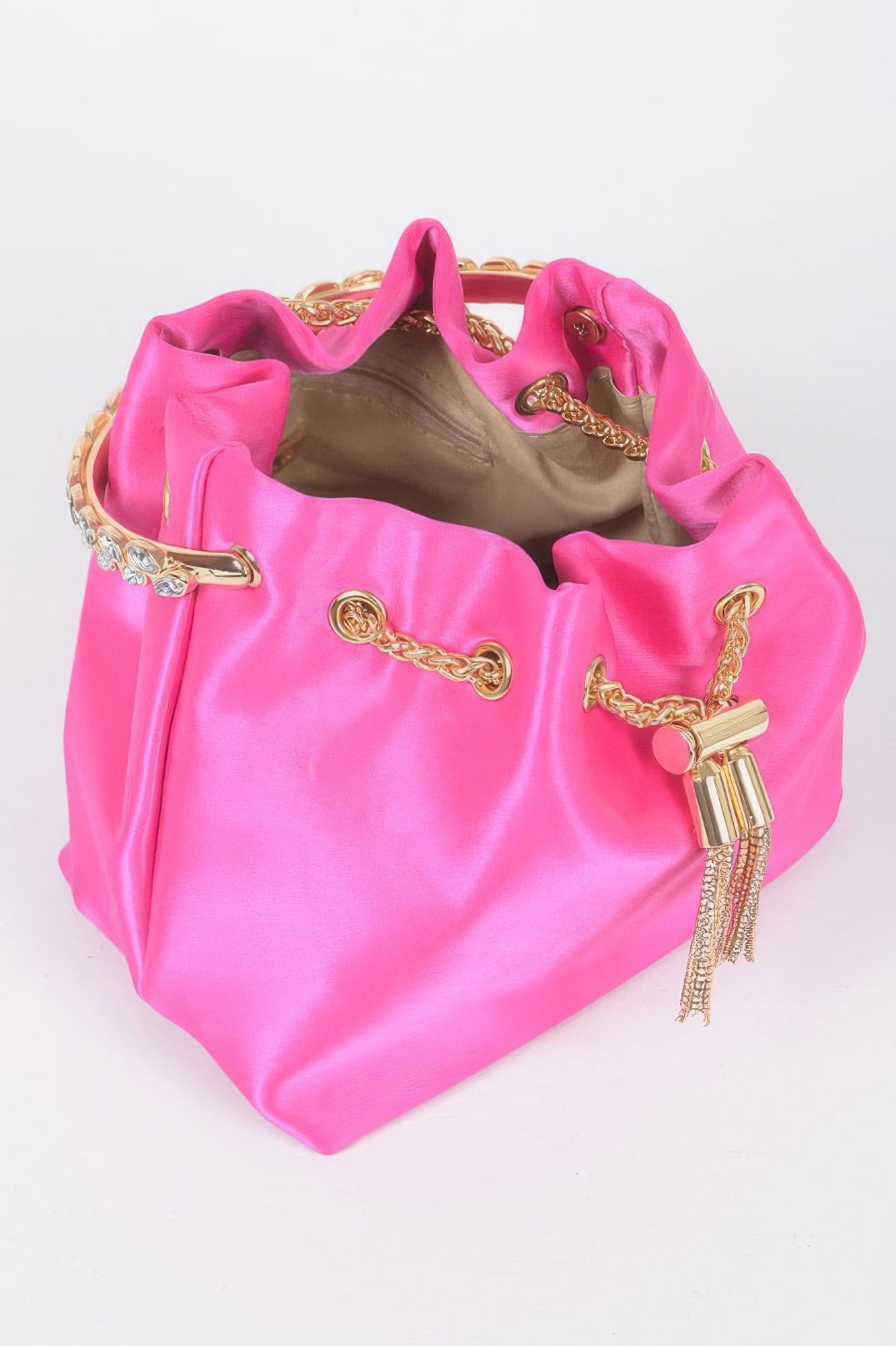 Fuchsia satin bucket bag open top, gold chain hardware and tassel pull