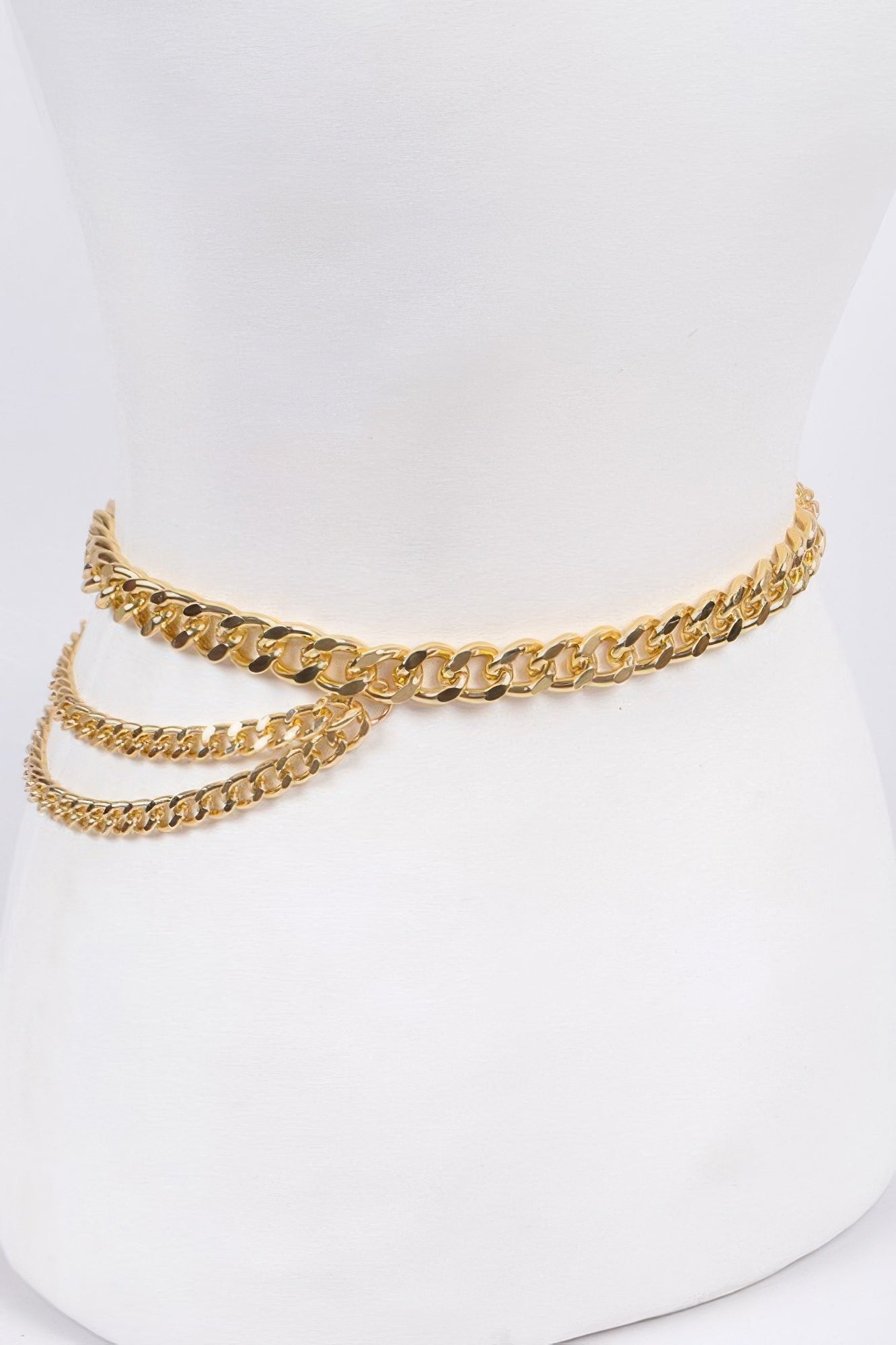 Gold Layered Chain Belt with curved double-row links and dangling side chain