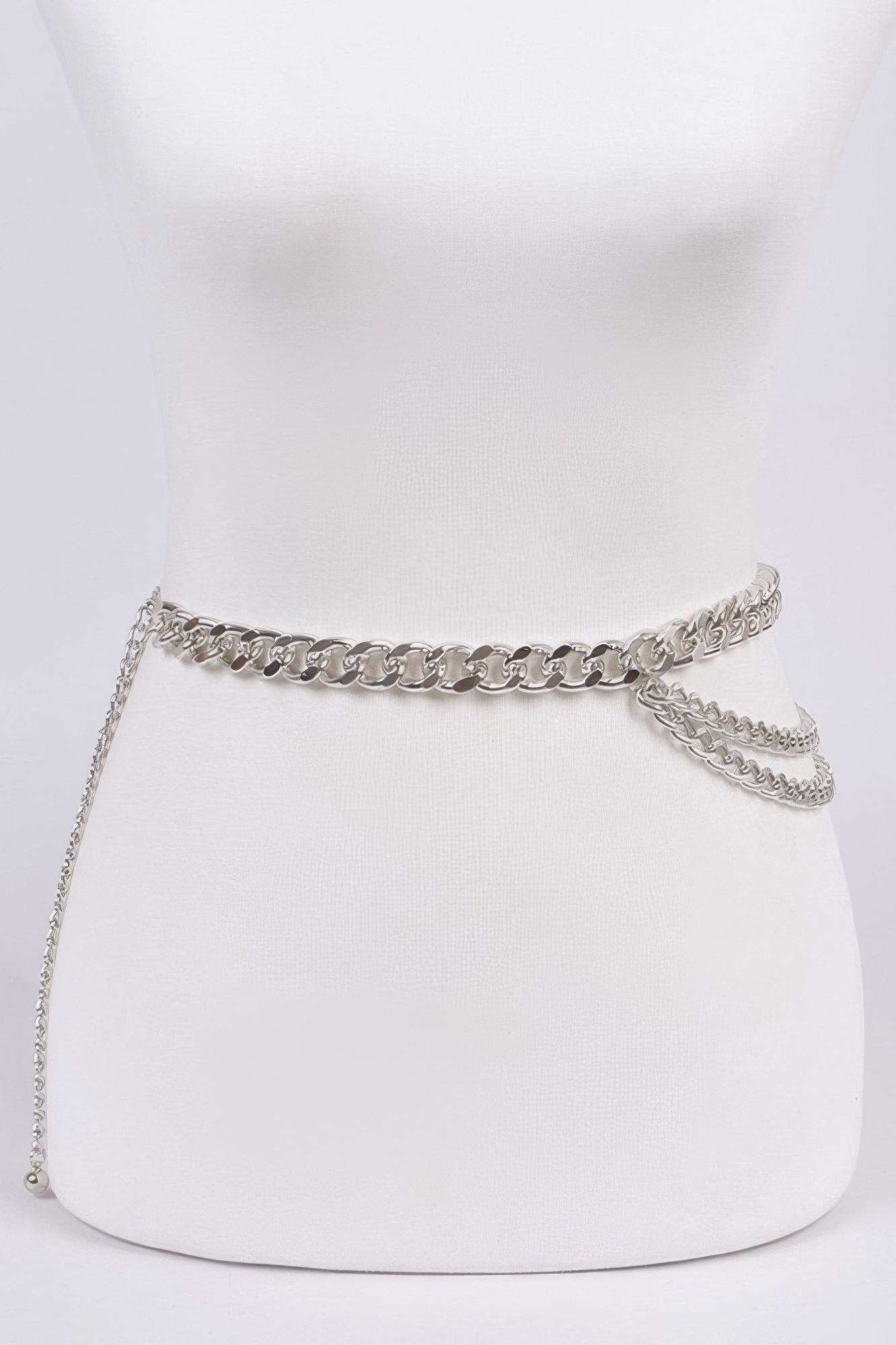 Layered Chain Belt in Silver, double-row chain with long side drop